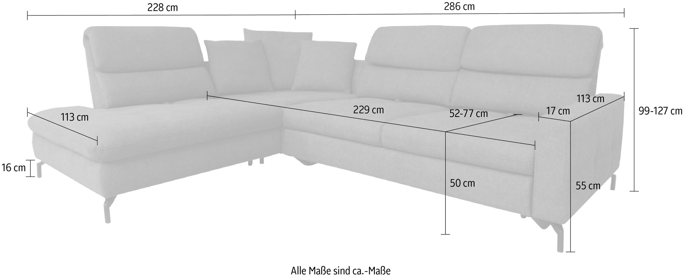 alina Ecksofa »Louis« Breite 286 cm, Rückenlehnenverstellung, wahlweise mit Bettfunktion