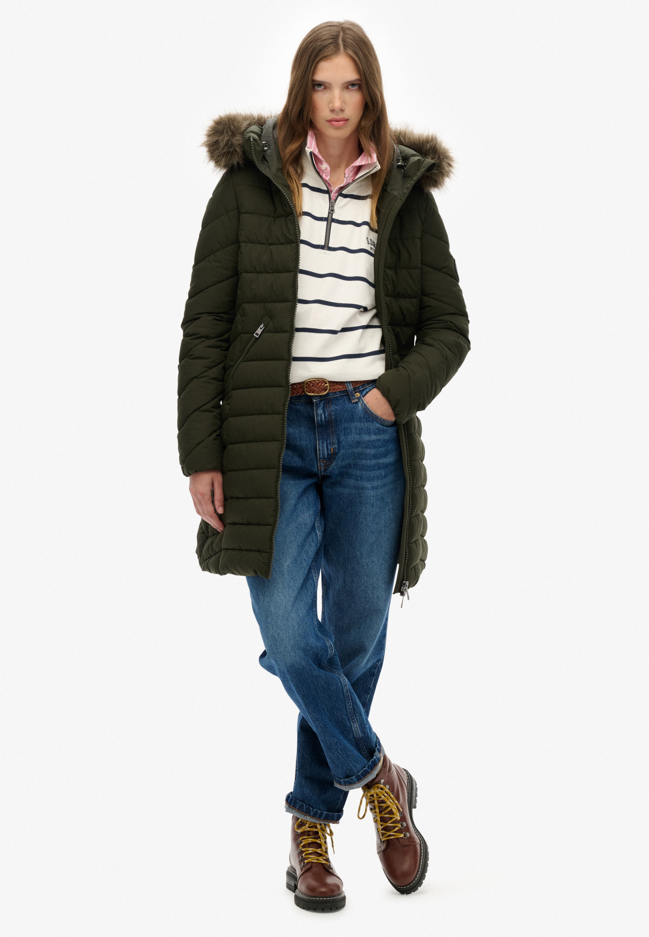 Superdry Steppjacke »FUJI FAUX FUR HOOD MID LENGTH«, mit Kapuze