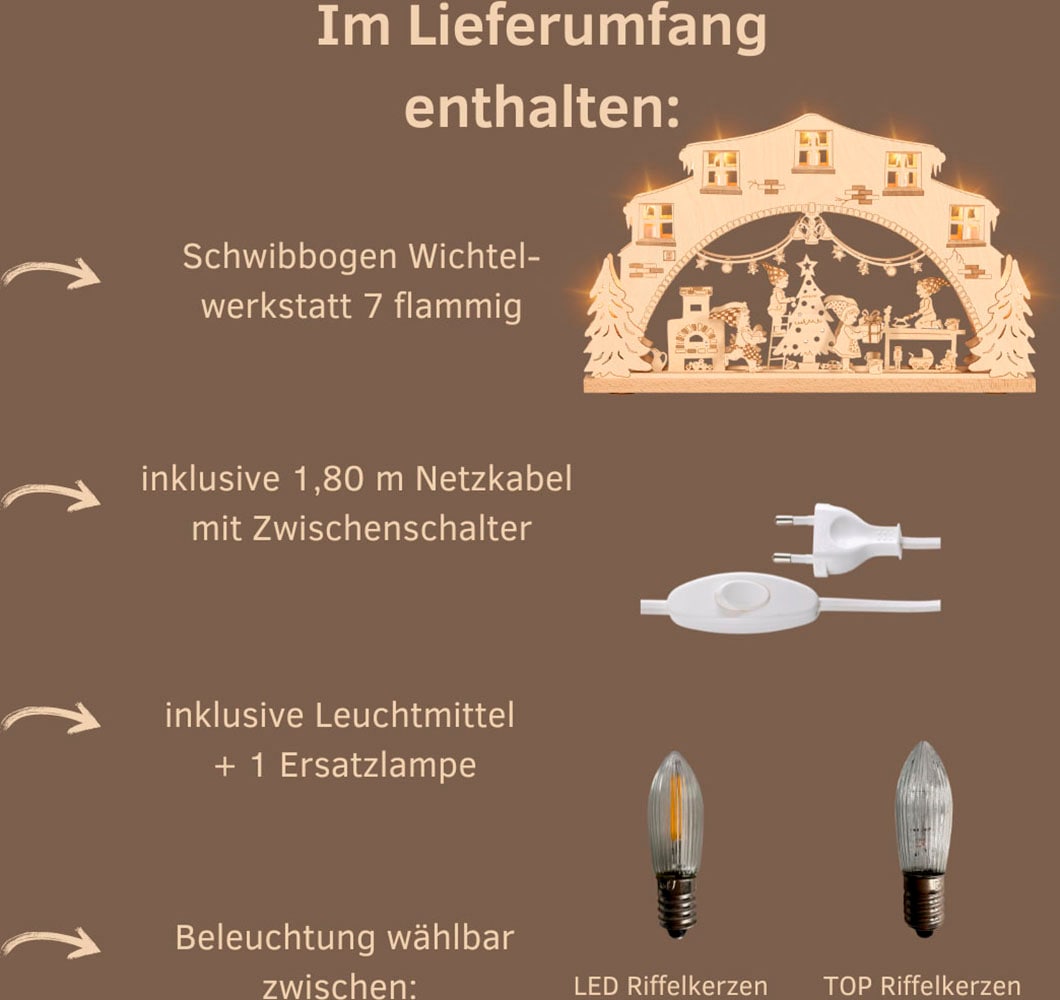 Weigla Schwibbogen »Wichtelwerkstatt, Lichterbogen aus Holz, NATUR«, Erzgebirge garantiert, Weihnachtsdeko Innen, Weihnachtsbeleuchtung