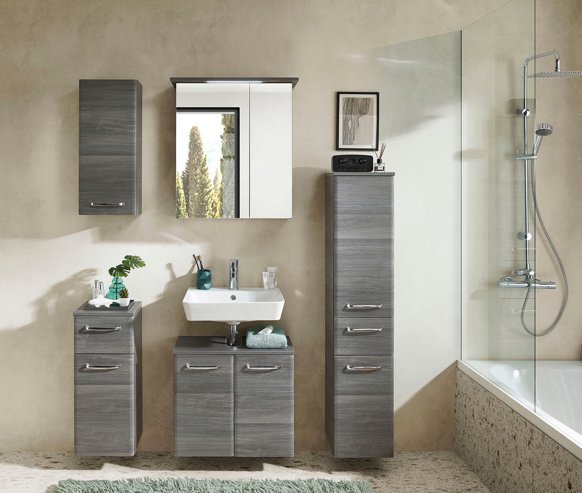 Saphir Spiegelschrank »Quickset 328 Badezimmer Spiegelschrank inkl. LED-Beleuchtung, 450LM«, 60 cm breit, Graphit Struktur quer Nachbildung, inkl. Türdämpfer