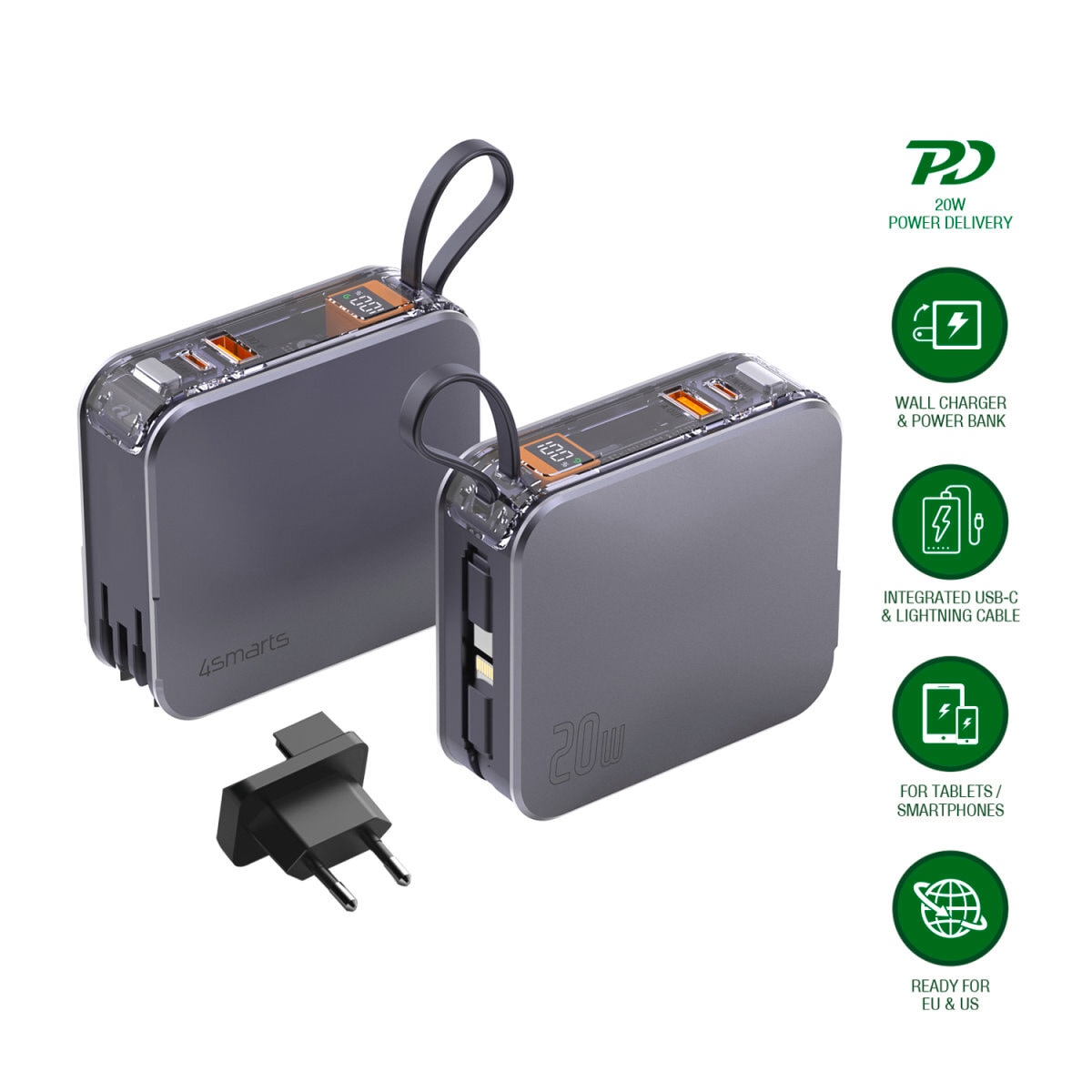 4smarts Powerbank »3in1 Hybrid Charger Lucid, Powerbank integrierten Kabeln«, 4smarts 3in1 Hybrid Charger Lucid, Powerbank inkl. Kabeln