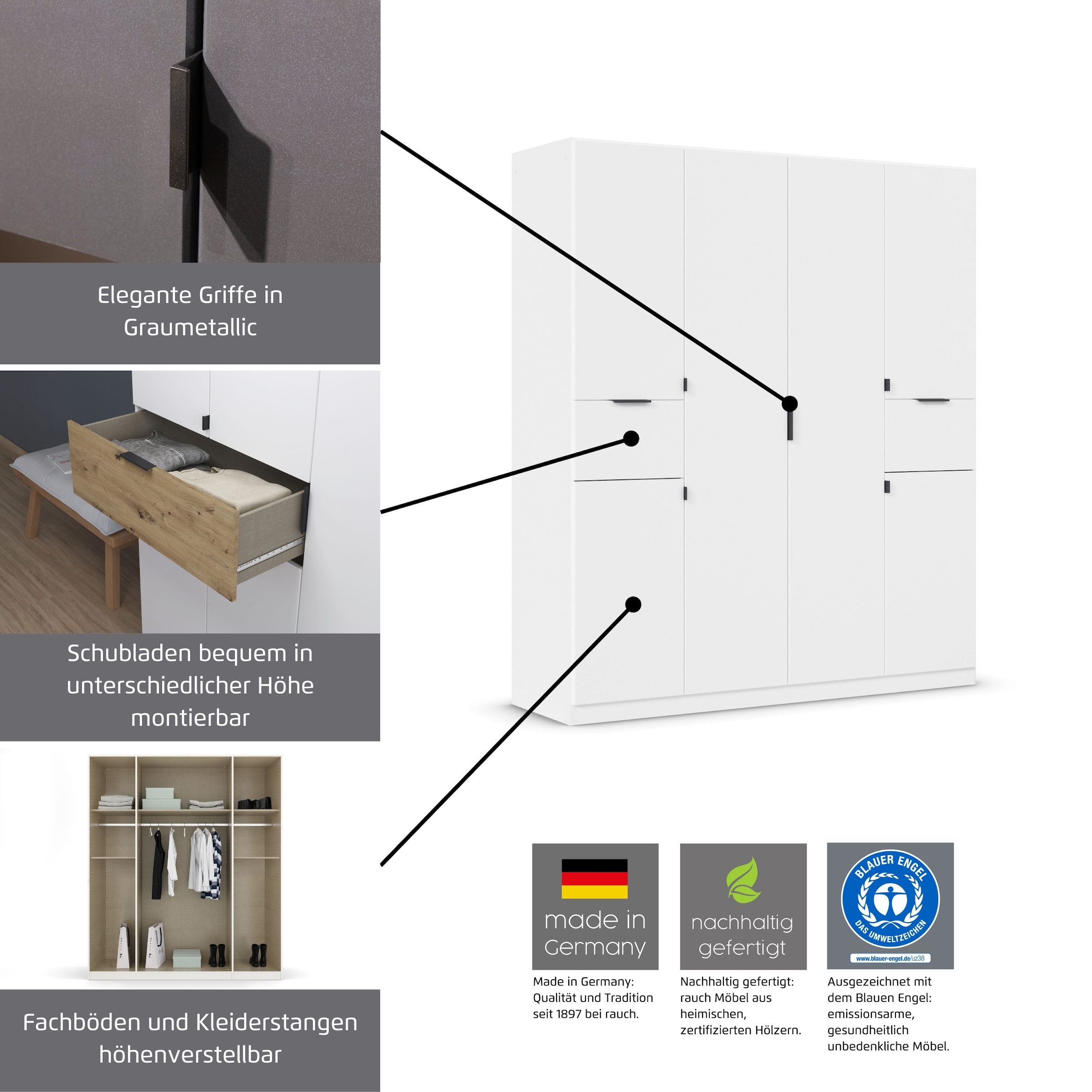 rauch Drehtürenschrank »Kleiderschrank Schrank Garderobe Wäscheschrank TICAO«, (Schubladen in der Höhe variabel positionierbar), mit 2 geräumigen Schubladen, viel Stauraum MADE IN GERMANY