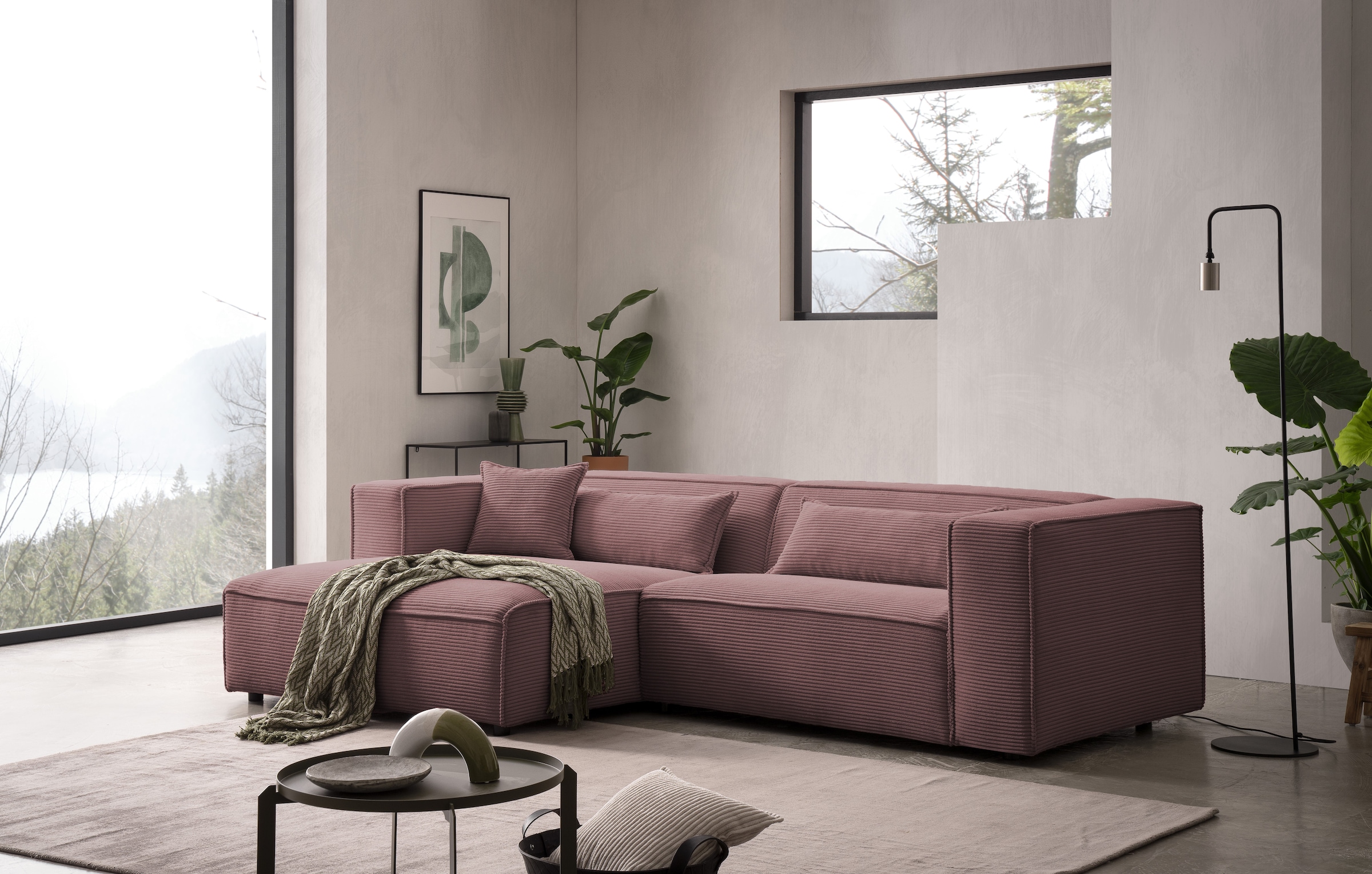 LeGer Home by Lena Gercke Ecksofa »PIARA mit Kedernaht in Cord oder Leinenoptik, moderne Couch in L-Form«, wahlweise Ottomane rechts/links, schwarze Füße, bequemer Sitzkomfort