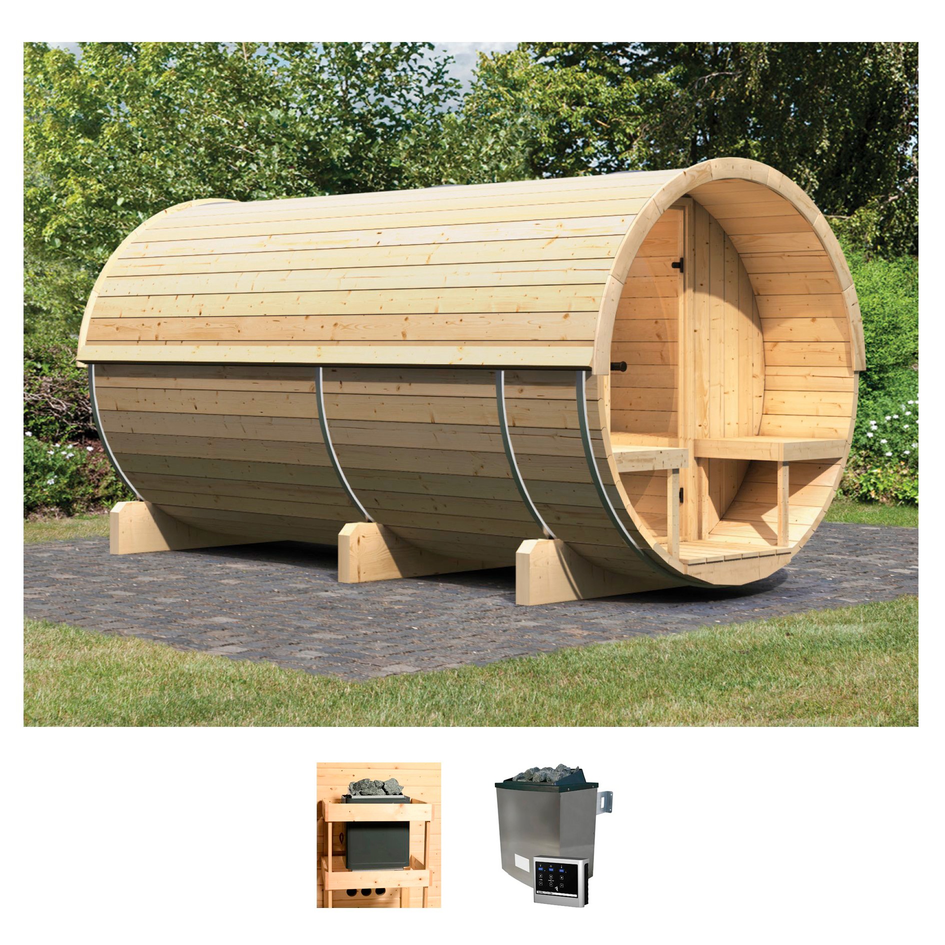 Karibu Fasssauna, (Set), 9-kW-Bio-Ofen mit externer Steuerung
