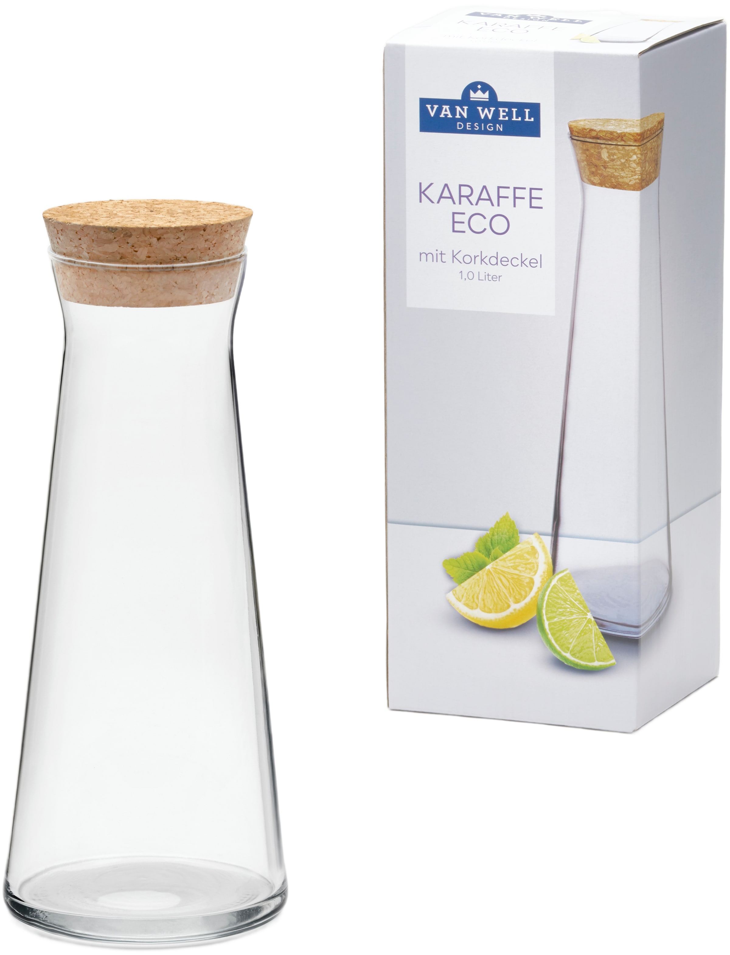 van Well Karaffe »Glas-Karaffe mit Korkdeckel "Eco", 1,0 Liter« ideal für Wasser, Saft oder Limonade
