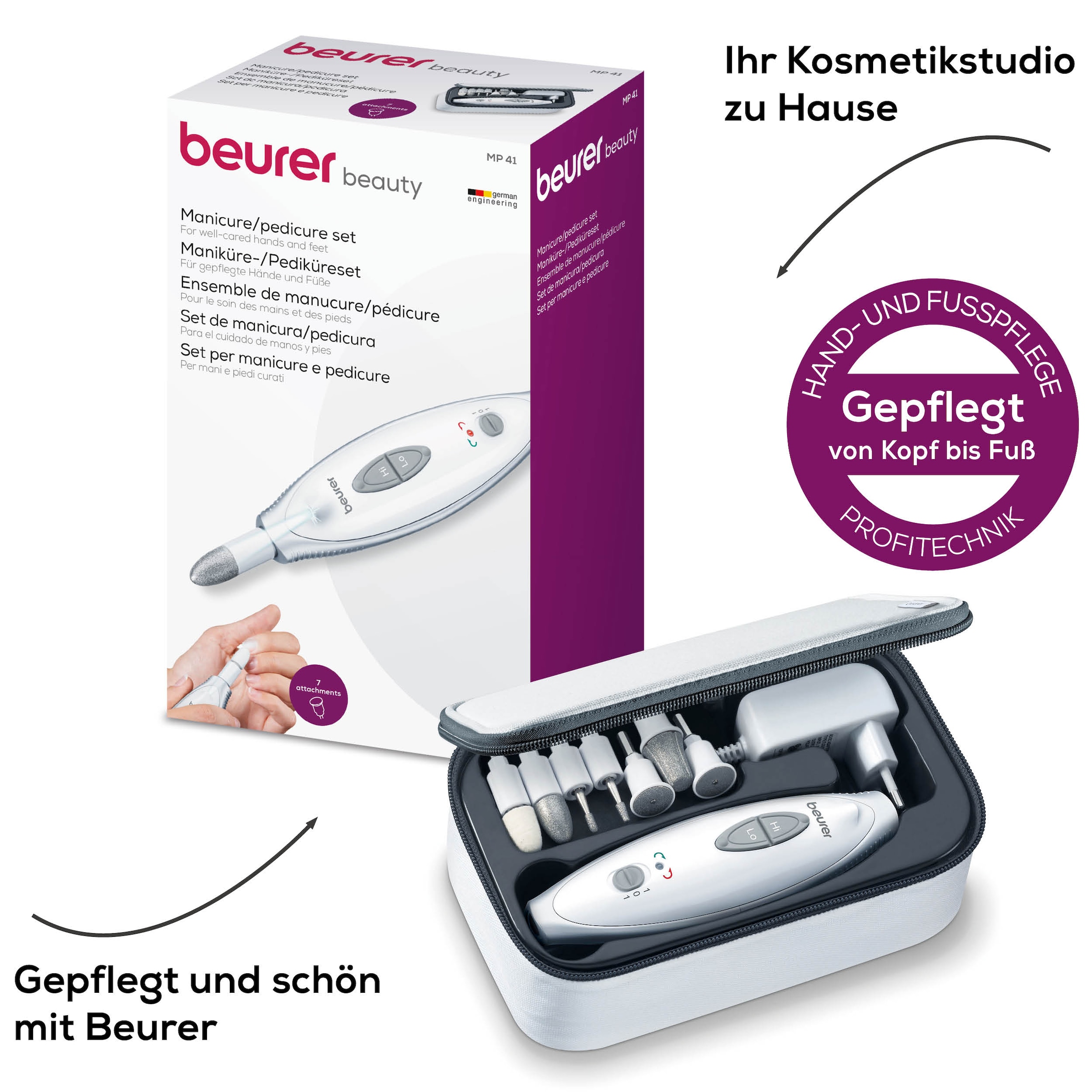 BEURER Maniküre-Pediküre-Set »MP 41 elektrische Nagelfeile, für gepflegte Hände und Füße zuhause«, Inkl. 7 Aufsätze aus Saphir und Filz, mit LED-Licht und Etui