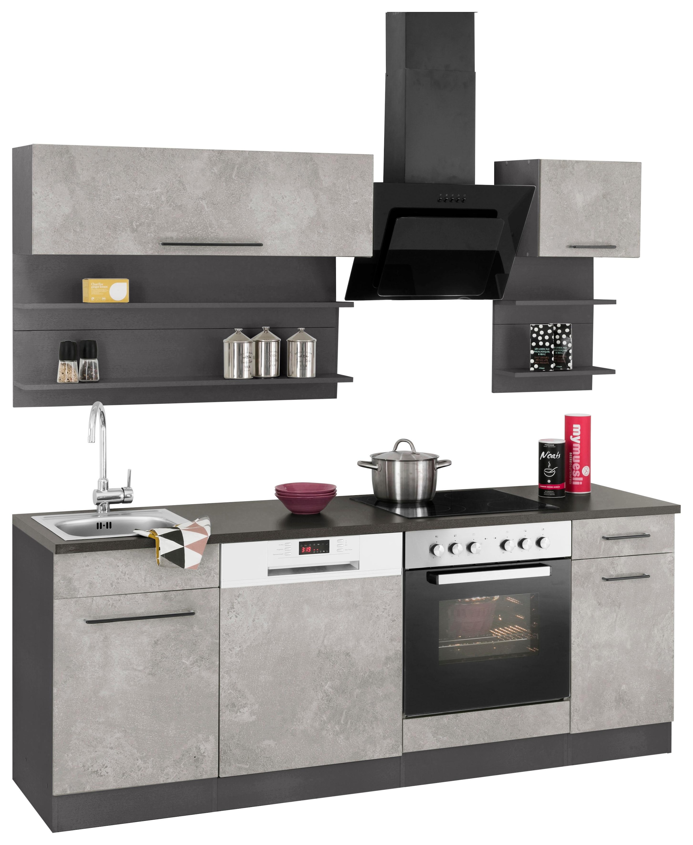 KOCHSTATION Küchenzeile »KS-Tulsa«, ohne E-Geräte, Breite 210 cm, schwarze Metallgriffe, MDF Fronten
