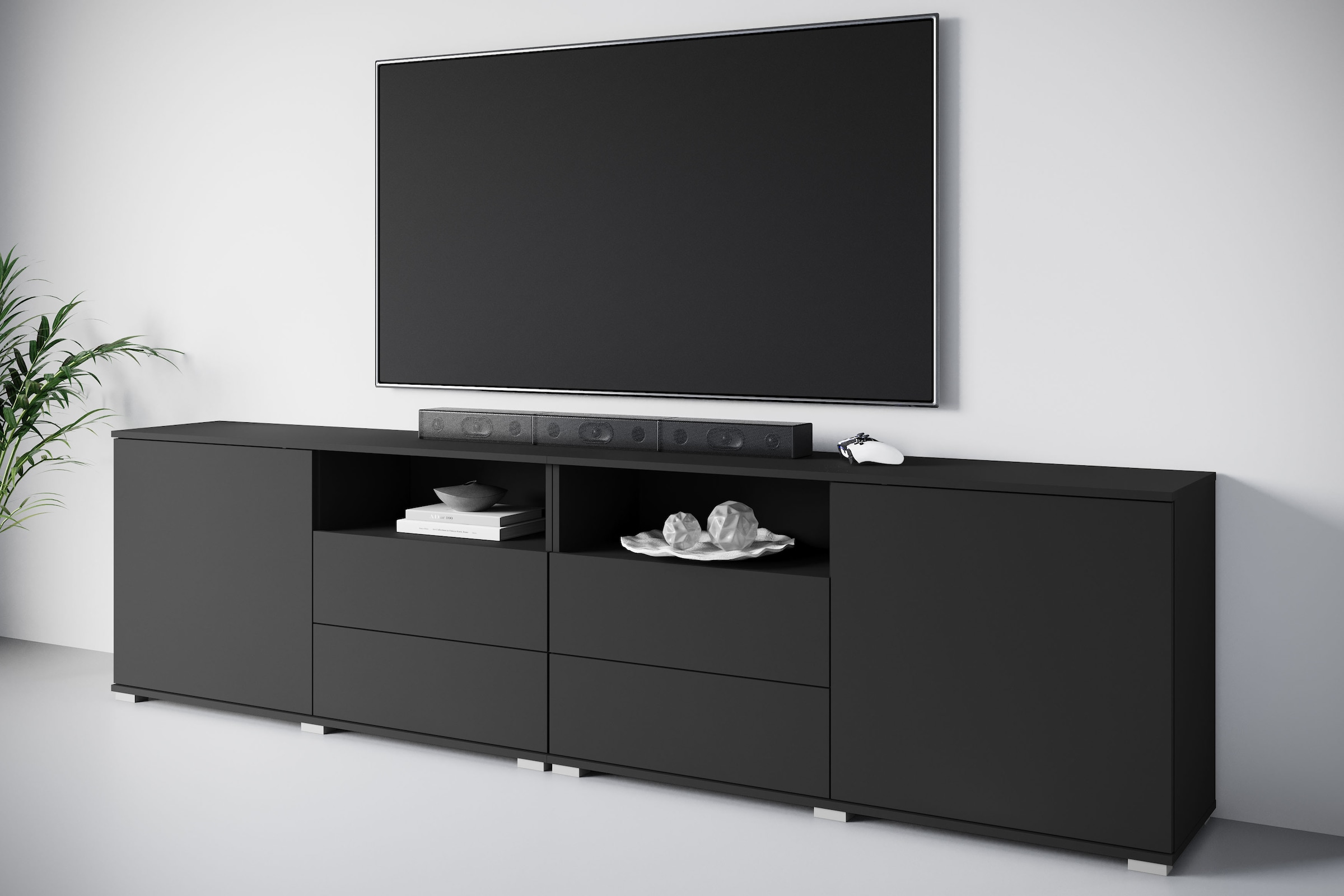 OTTO home Lowboard »Kenia, TV-Schrank, 240 cm breit, mit 2 Türen und 4 Schubladen« 1 Stk. tlg. Höhenverstellbare Einlegeböden und offene Ablagefächer