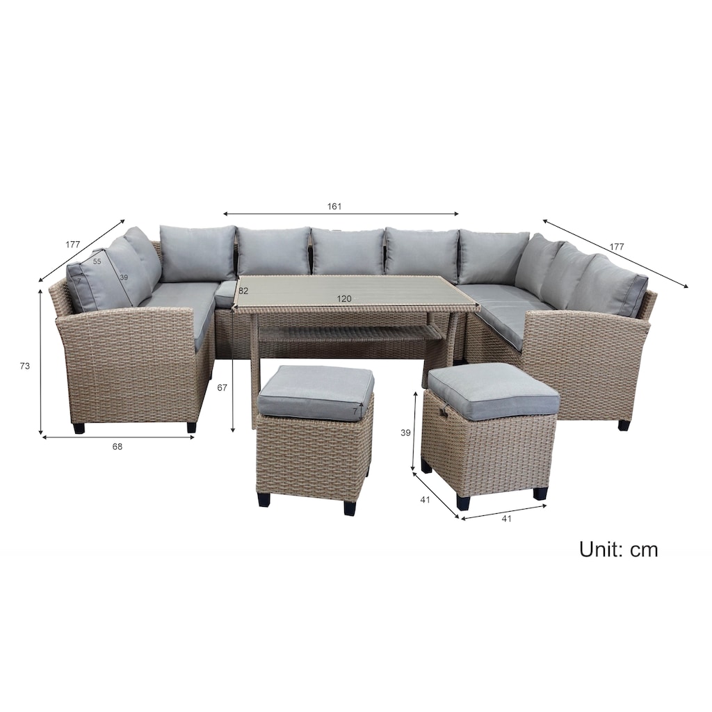 KONIFERA Gartenlounge-Set »Rotterdam«, (Set, 20 tlg., 3x 3er Sofa, 2x Hocker, 1x Tisch 120x82x67cm, inkl. Auflagen)