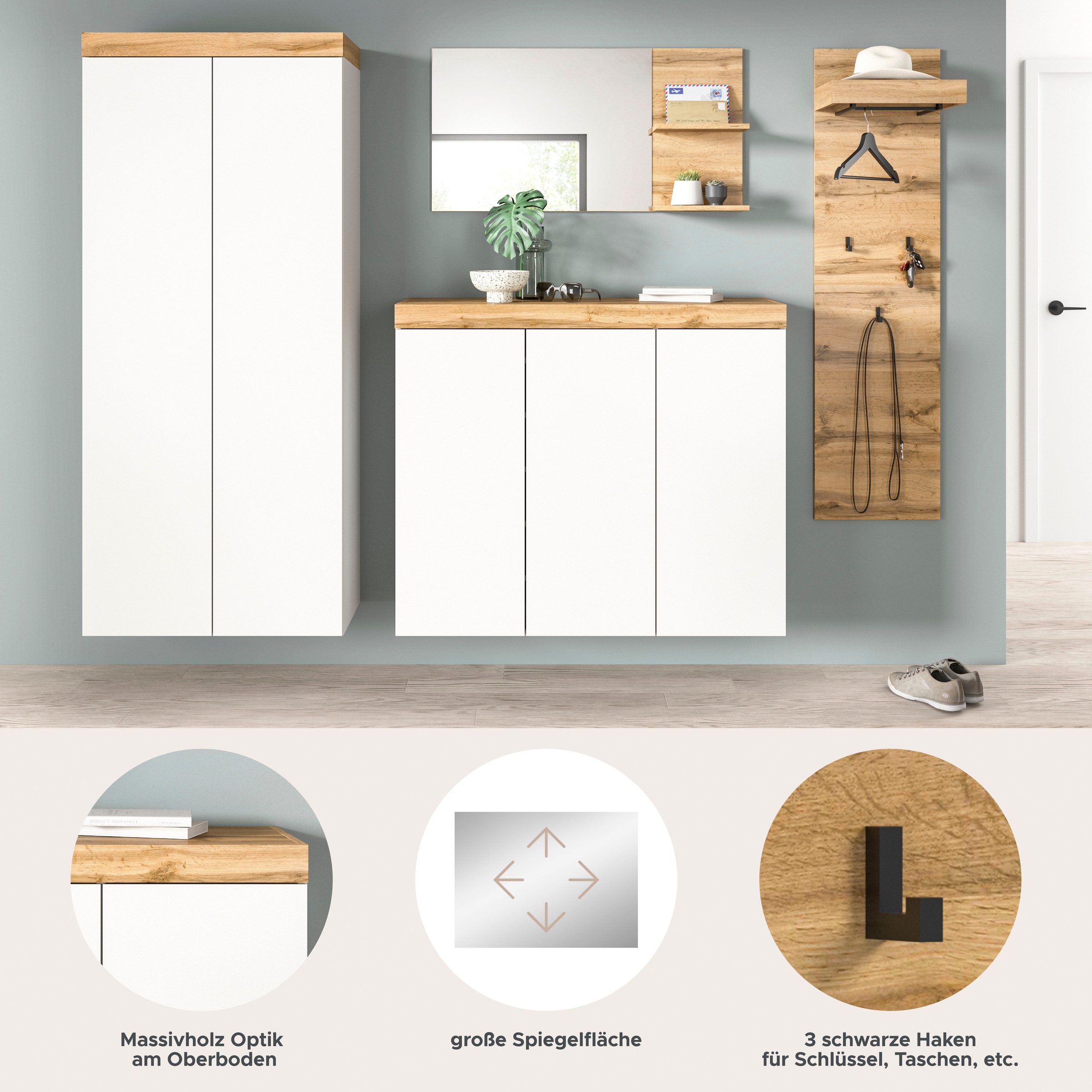 OTTO home Garderoben-Set »MAMBO, TOPSELLER!, 4-teilige Kombination, stehend & hängend montierbar« bestehend aus: Garderobenschrank, Kommode, Spiegel, Garderobenpaneel, 4 Stk. tlg.