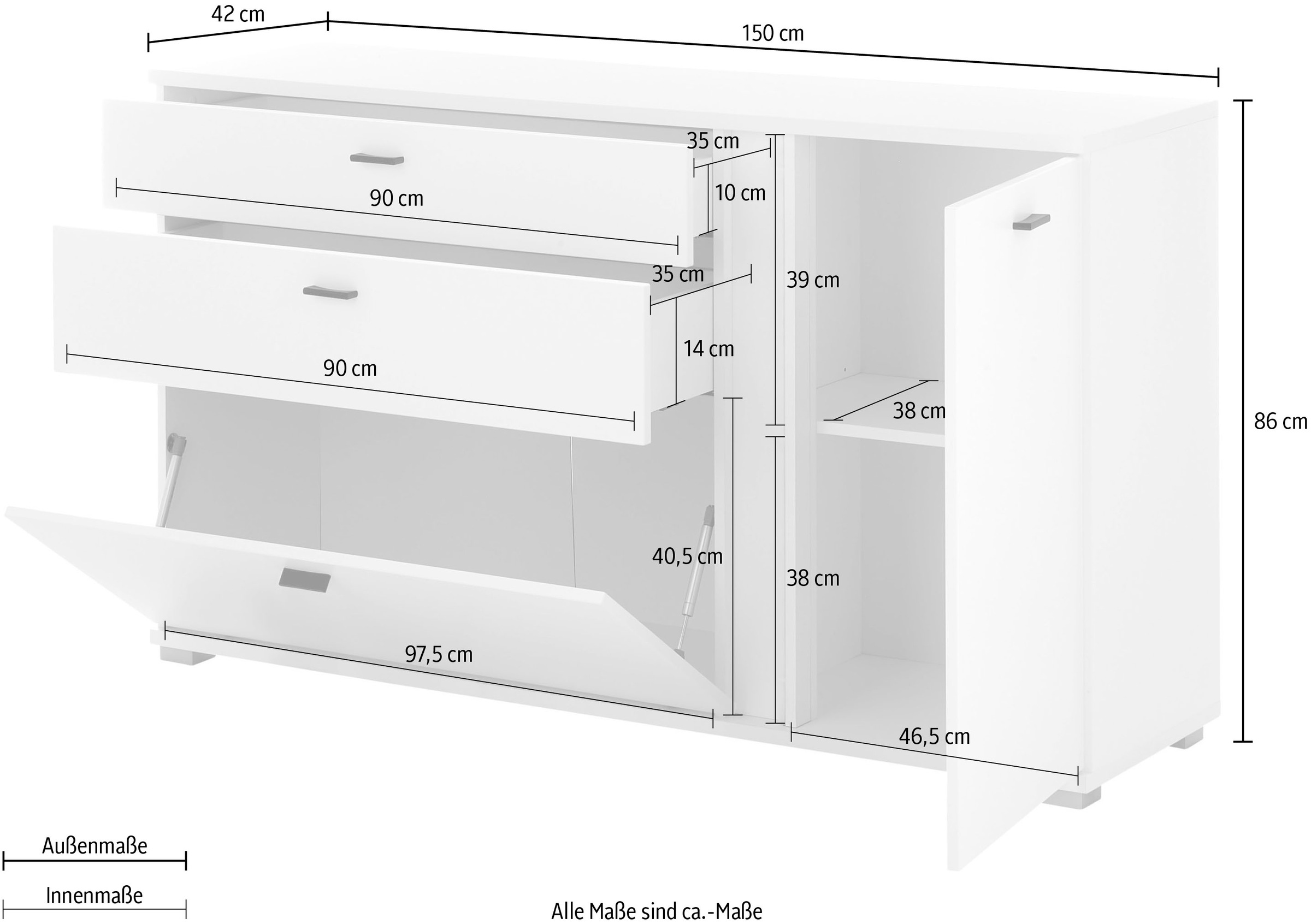 INOSIGN Sideboard »LONG ISLAND«, (1 St.), in moderner Trendfarbe,inklusive senkrechter Beleuchtung,Breite 150 cm