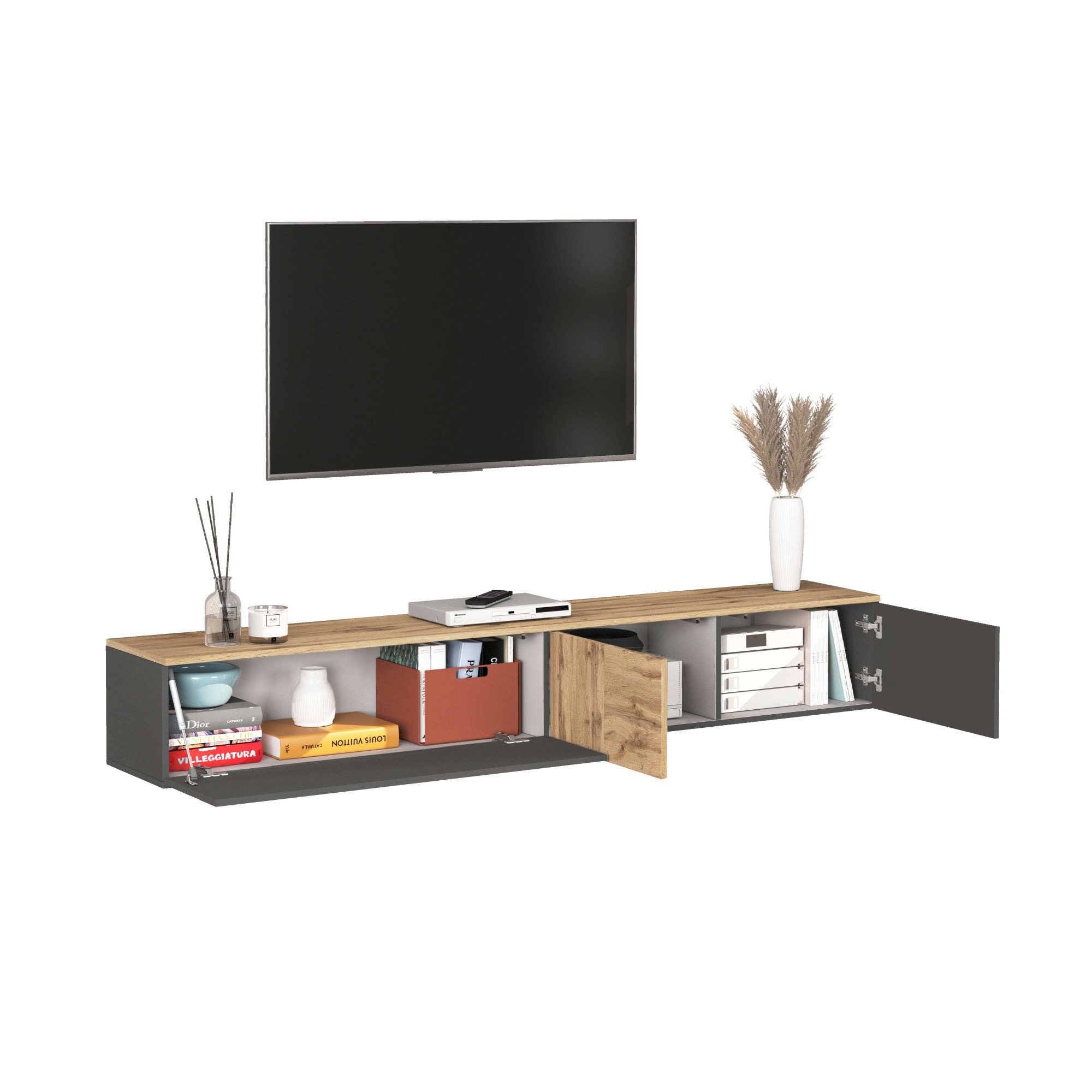 OTTO home Lowboard »ISEO, TV-Kommode,TV-Möbel,TV-Bank, 3 Fächer, Breite 210 cm« 1 Stk. tlg. stehend/hängend, 1 Klappe, 2 Türen, 3 Fächer, Breite 210 cm