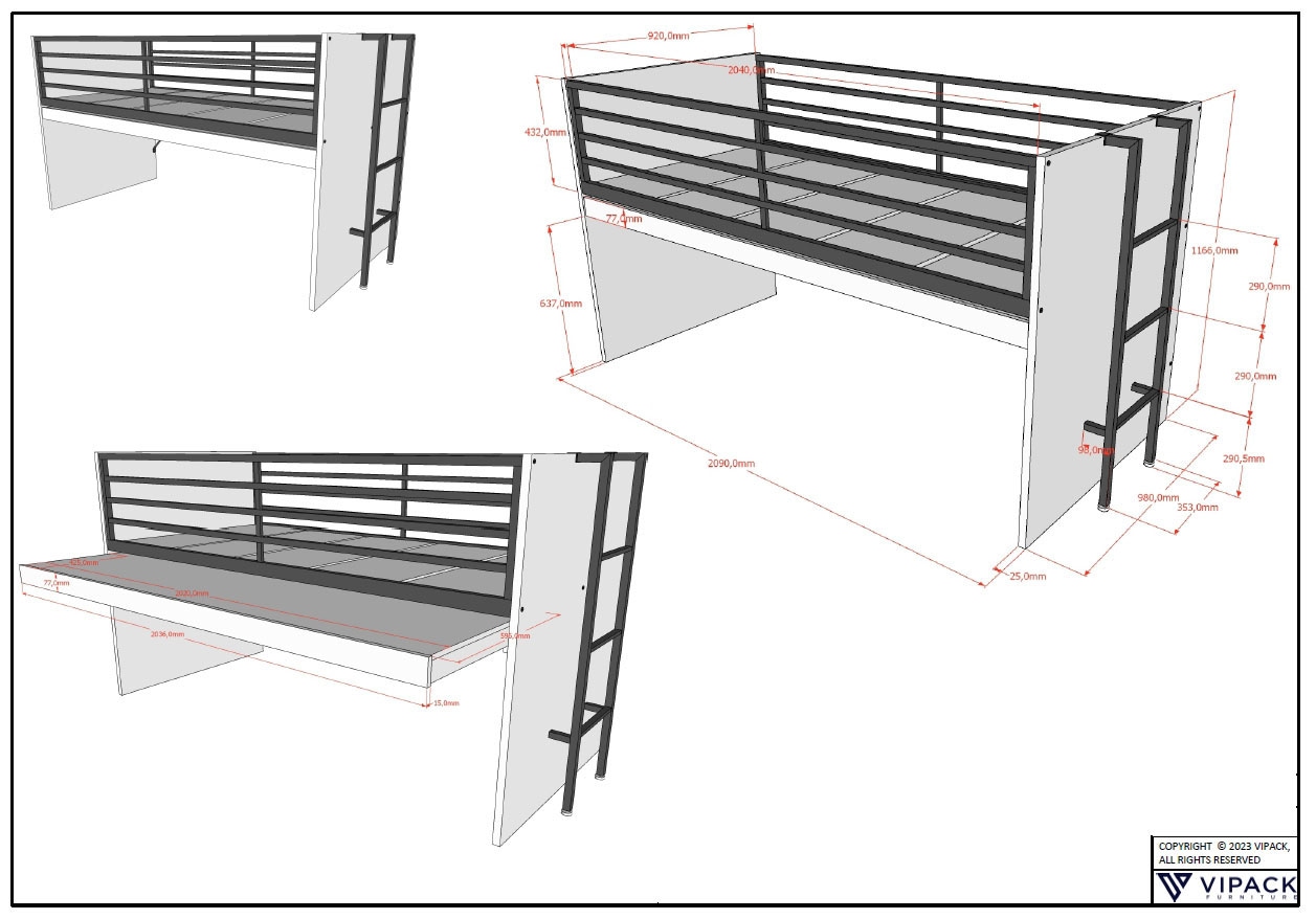 Vipack Stauraumbett »Sam, schlafen und arbeiten in einem, wahlweise Eiche- oder Weiß-Dekor« Liegefläche 90x200 cm, darunter eine große ausziehbare Schreibplatte,  mit Absturzschutz, Leiter u. Stauraum, pflegeleichte Dekor Oberfläche