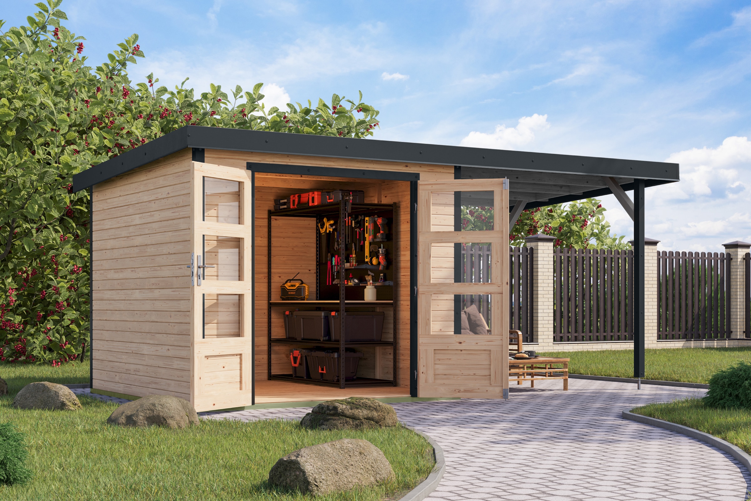 Karibu Gartenhaus »Jupiterino 3,5  SET, in verschiedenen Farben« inkl. Anbaudach