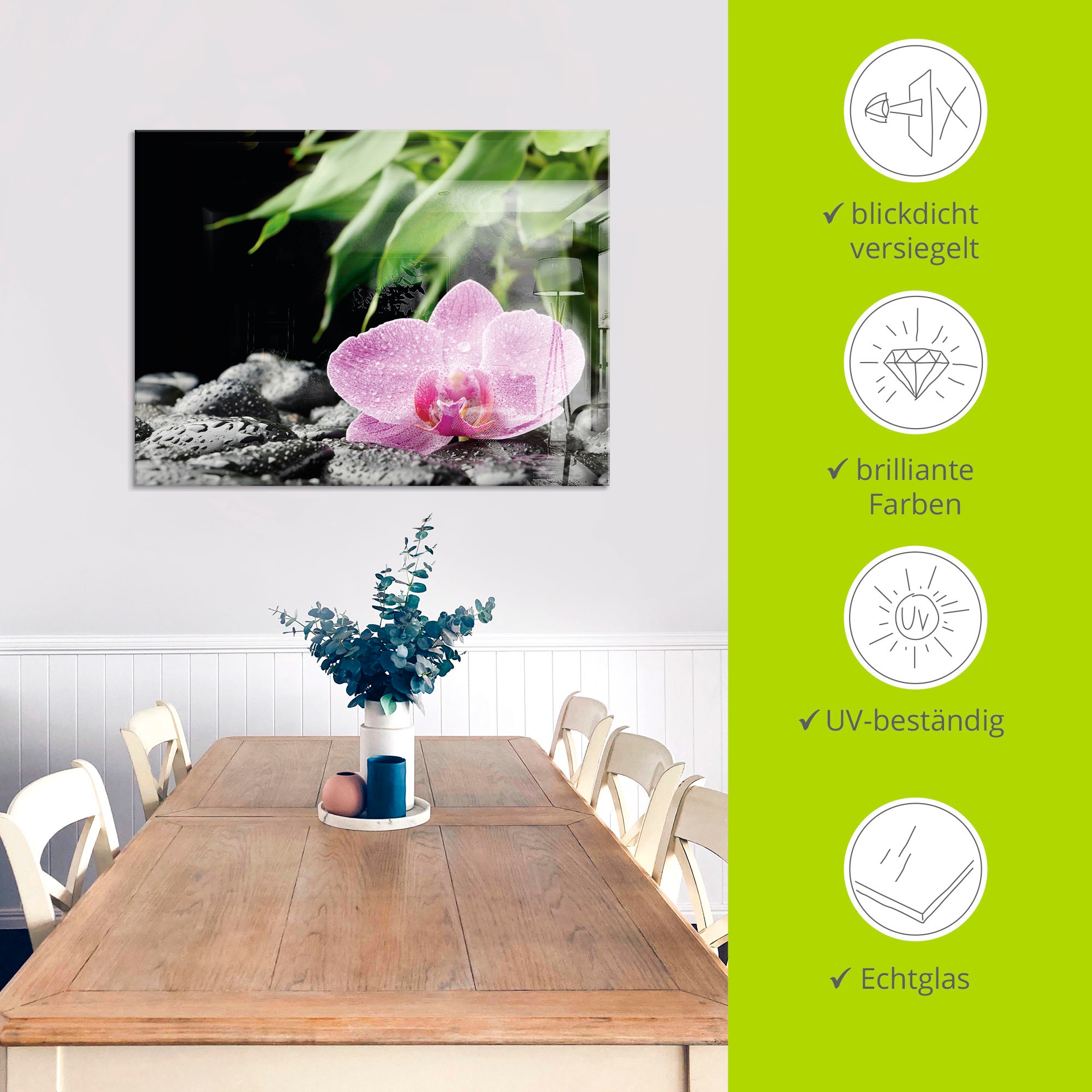 Artland Glasbild »Rosa Orchidee auf schwarzen Zen Steinen«, Blumen, (1 St.), in verschiedenen Größen