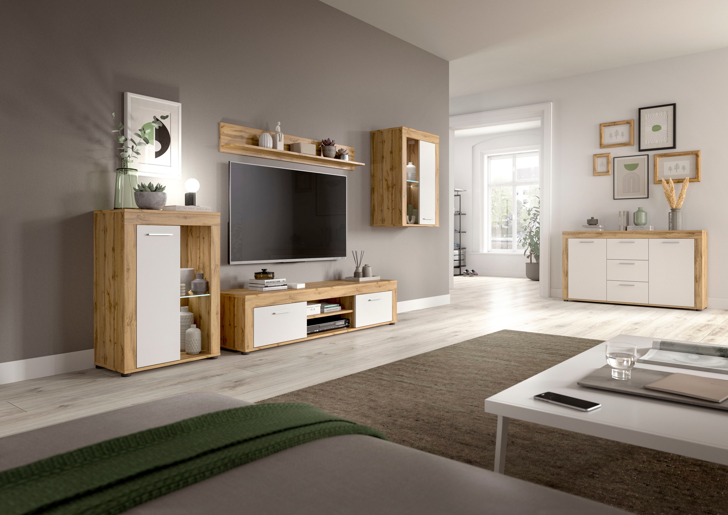 INOSIGN Wohnwand »Aosta, 4-tlg., best. aus: Highboard, Lowboard, Wandboard & Vitrine«, (4 St.), Wohnwand, Kombination, Anbauwand, Möbel Set, Schrankwand, Möbel Kombi