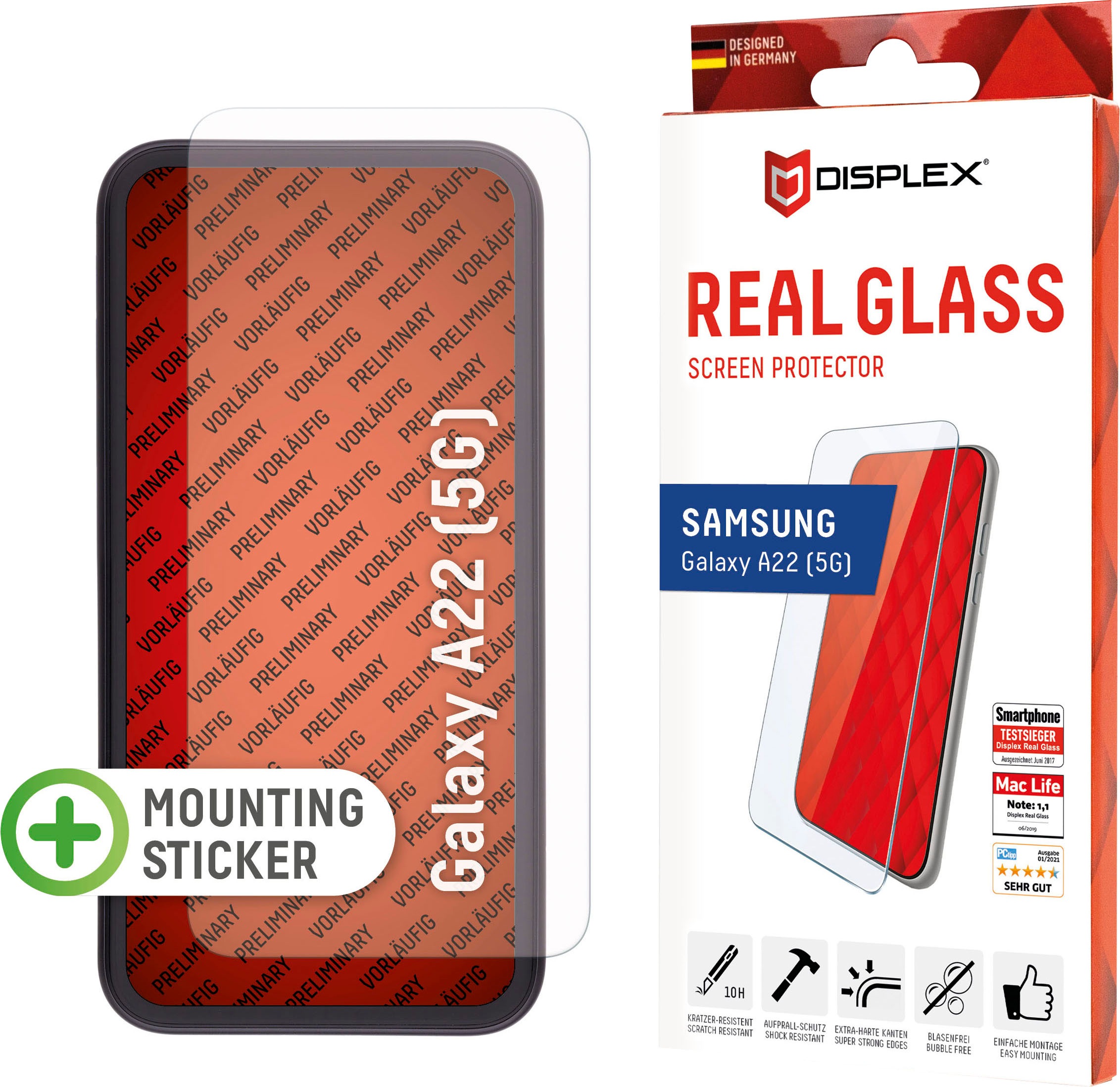 Displex Displayschutzfolie »DISPLEX Real Glass Panzerglas für Samsung Galaxy A22 5G (6,5), 10H Tempered Glass, mit Montagerahmen, 2D«, für Samsung Galaxy A22 (5G)