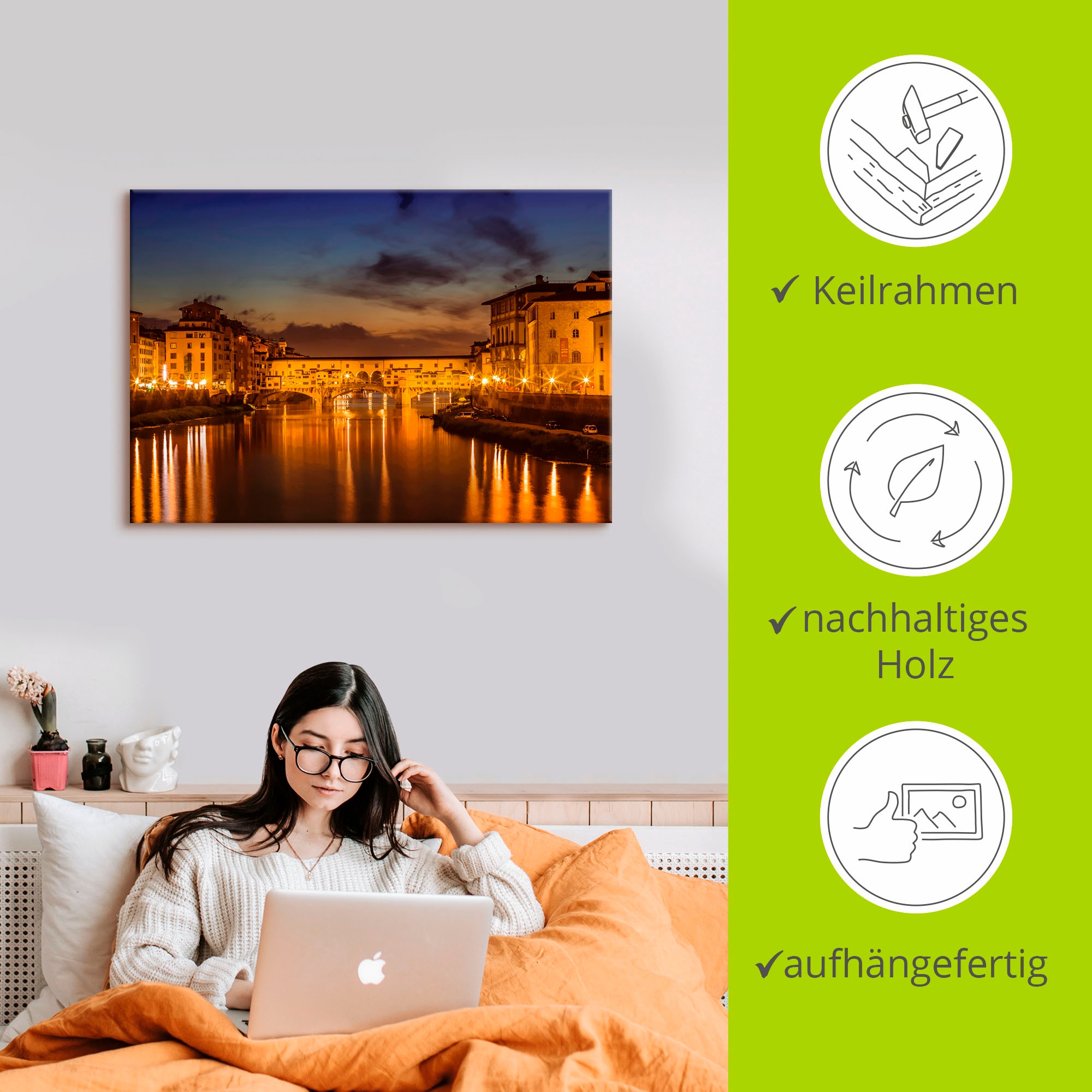 Artland Wandbild »FLORENZ Ponte Vecchio am Abend«, Florenz, (1 St.), als Alubild, Outdoorbild, Leinwandbild in verschied. Größen