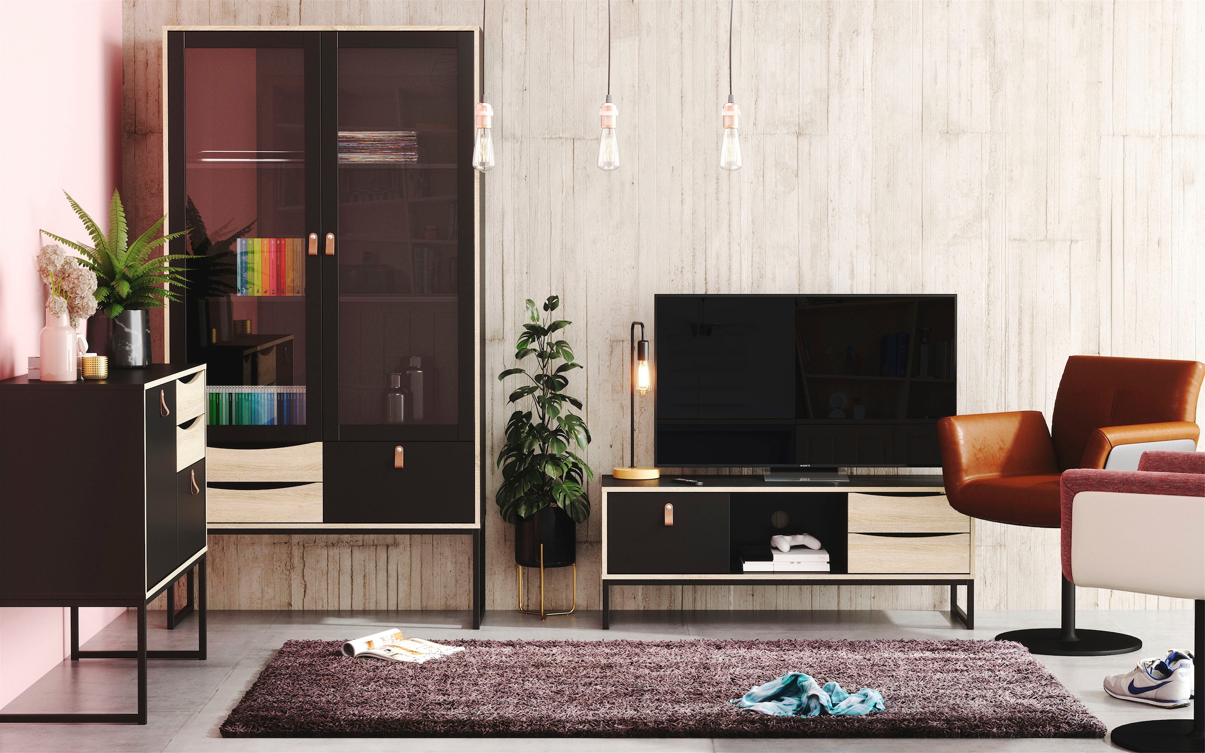 andas TV-Board »Stubbe«, TV-Kommode, Breite 117,2cm, 3 Schubkästen, 1 Ledergriff