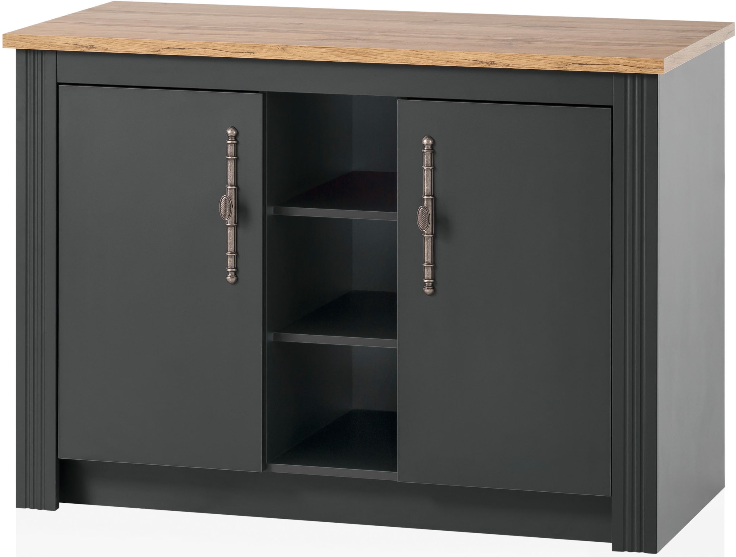 KOCHSTATION Küchenzeile »KS-Westminster, Pantryküche im Landhaus Stil, hochwertige Metallgriffe«, (Set), Breite 194 cm, Kommode, Wandpaneel, Hängeschrank und Herdumbau