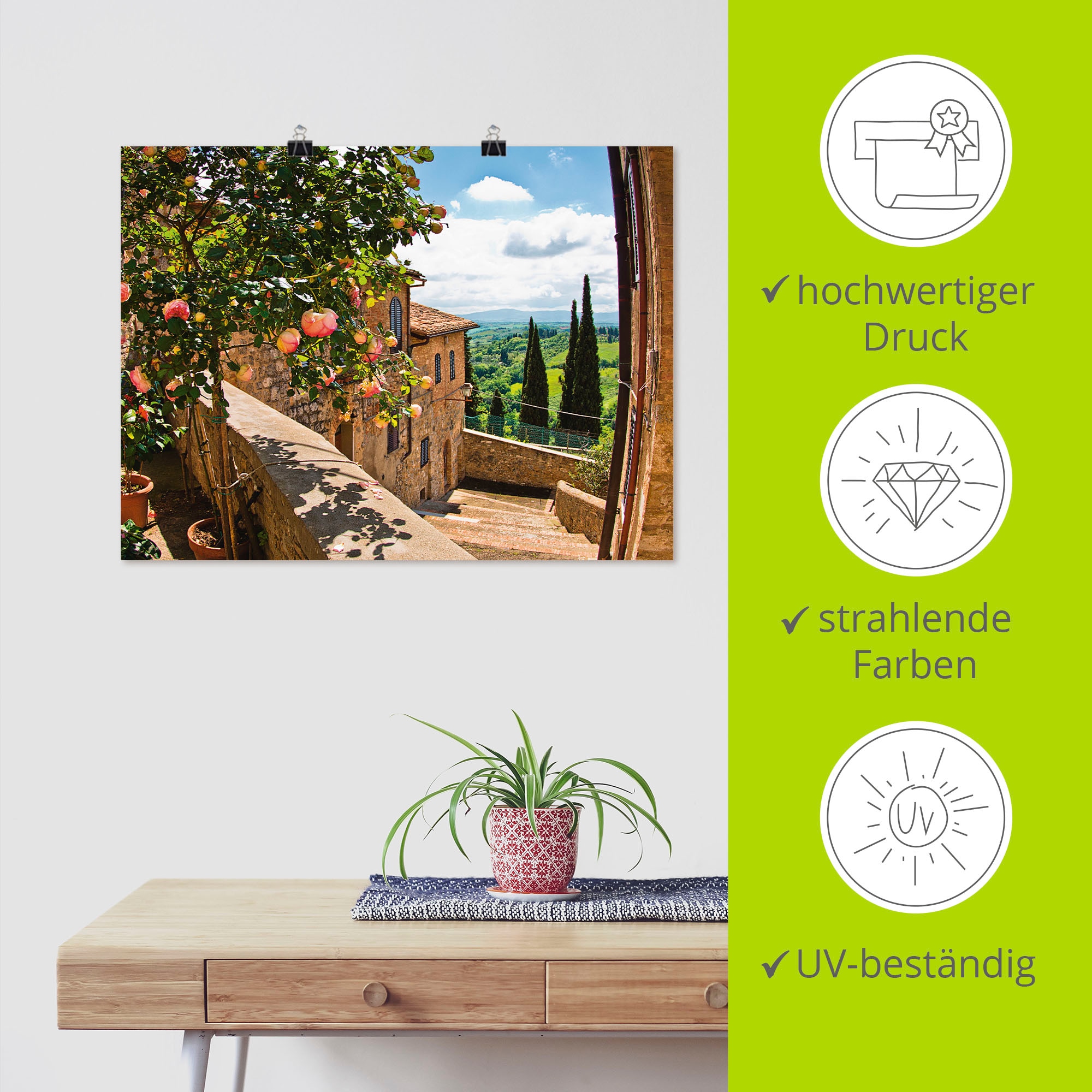 Artland Wandbild »Rosen auf Balkon Toskanalandschaft« Garten 1 Stk. tlg. als Alubild, Outdoorbild, Leinwandbild, Poster, Wandaufkleber