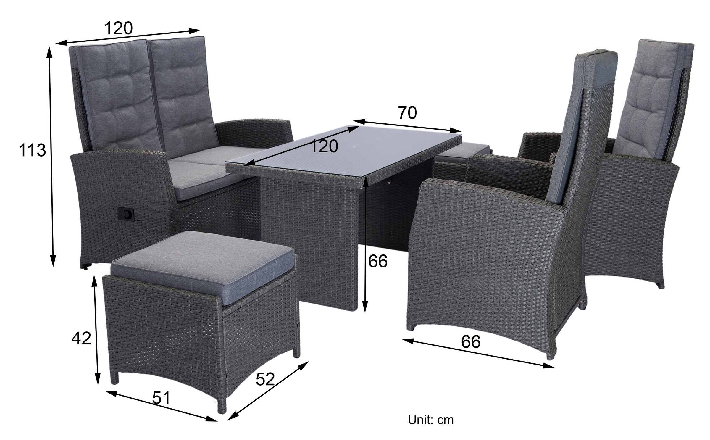 KONIFERA Gartenlounge-Set »Paris«, (Set, 12 tlg., 2x Sessel, 2x Hocker, 2er Sofa, 1xTisch 120x70x66cm,inkl. Schutzhülle), verstellbare Rückenlehne, Polyrattan, Aluminium