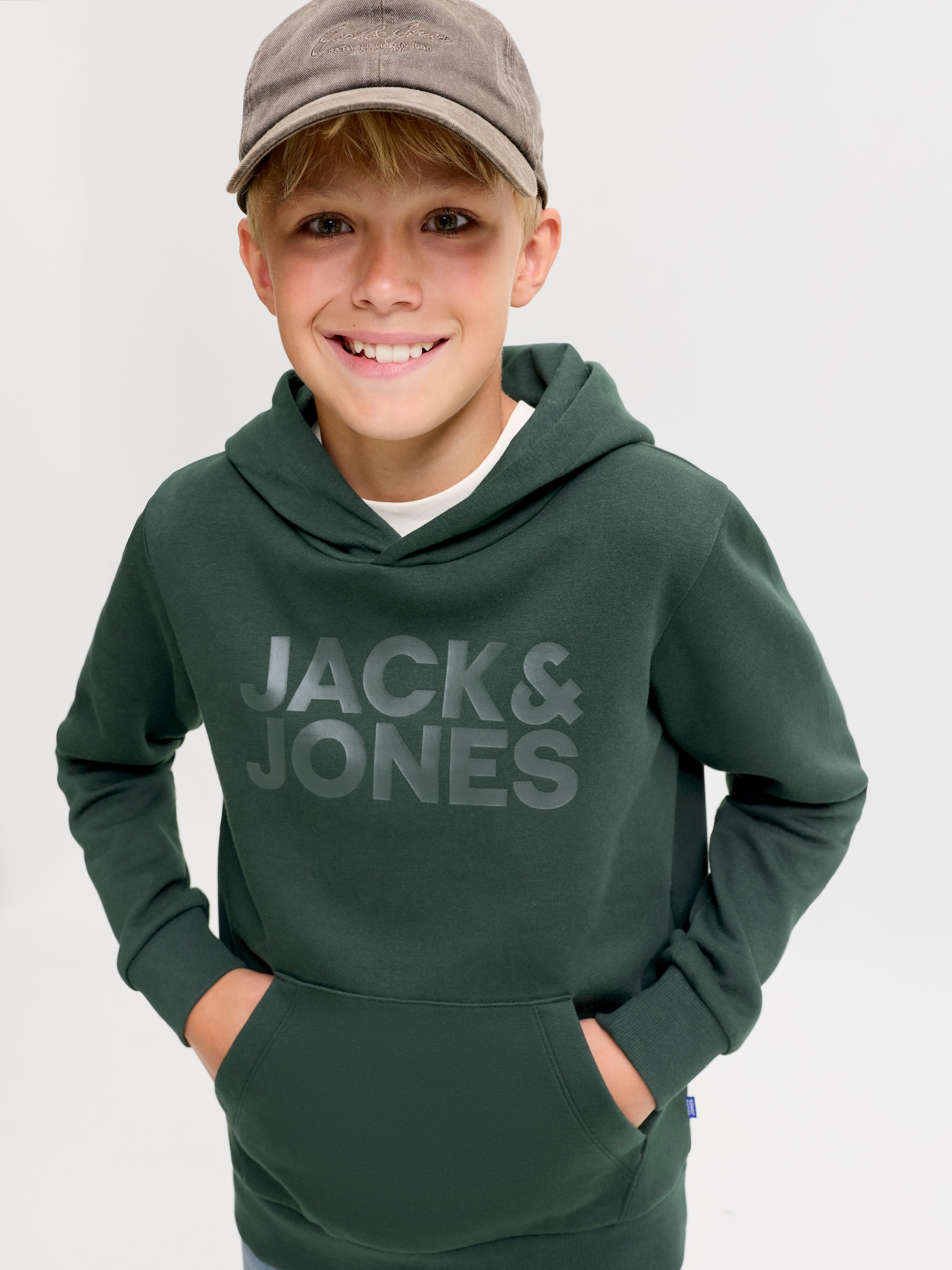 Jack & Jones Junior Kapuzensweatshirt »JJECORP mit Druck, Kängurutasche, pflegeleicht«, Baumwollmischung, regular fit
