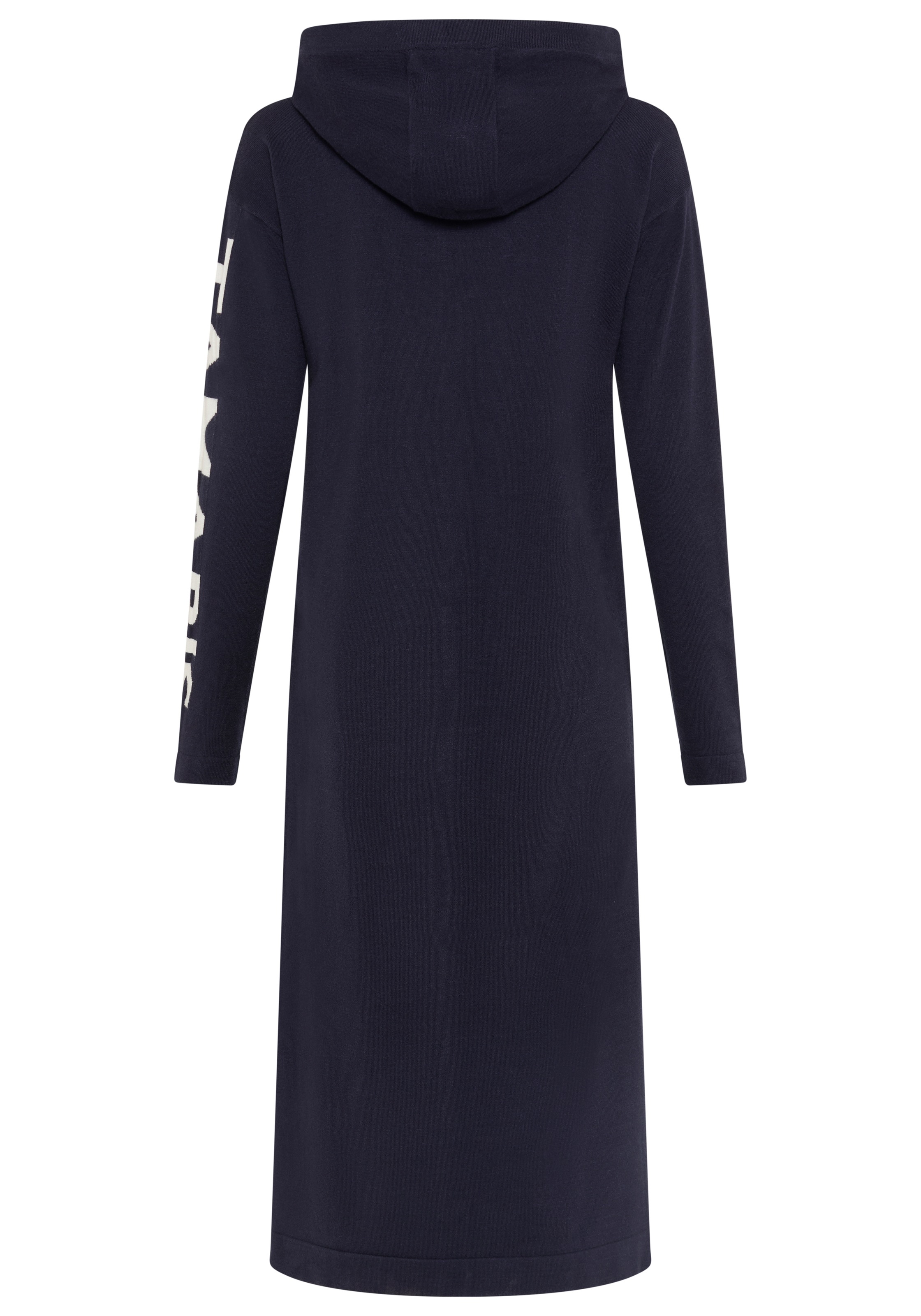 Tamaris Strickkleid »mit Kapuze und Kordelzug, lässig geschnitten, wadenlang« Seitennahttaschen mit Schriftzug-Details an den Ärmeln