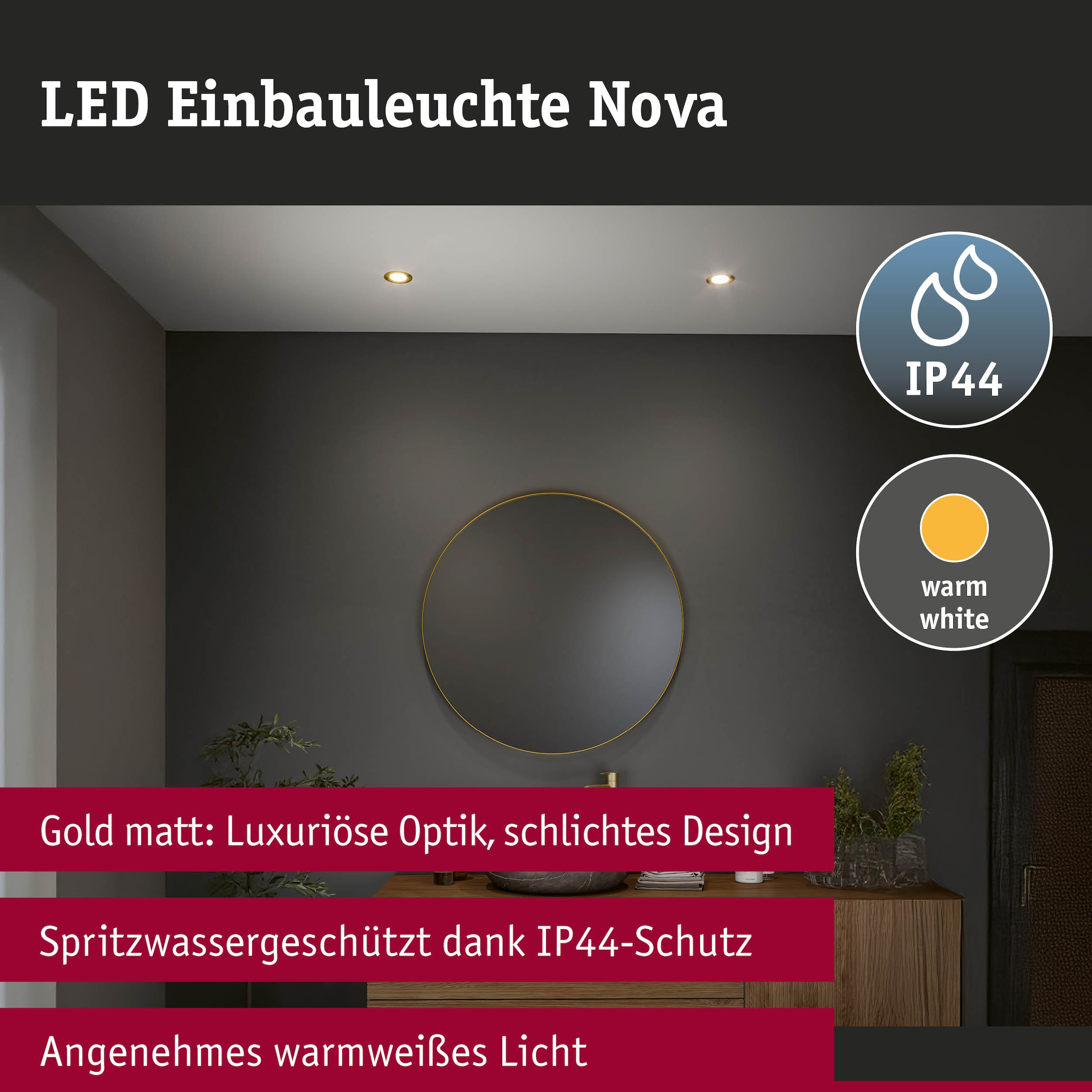 Paulmann LED Einbauleuchte »LED Einbauleuchte 3-Step-Dim Nova Coin IP44 rund 74mm Gold matt« LED-Modul 3 Stk. Warmweiß mehrere Helligkeitsstufen