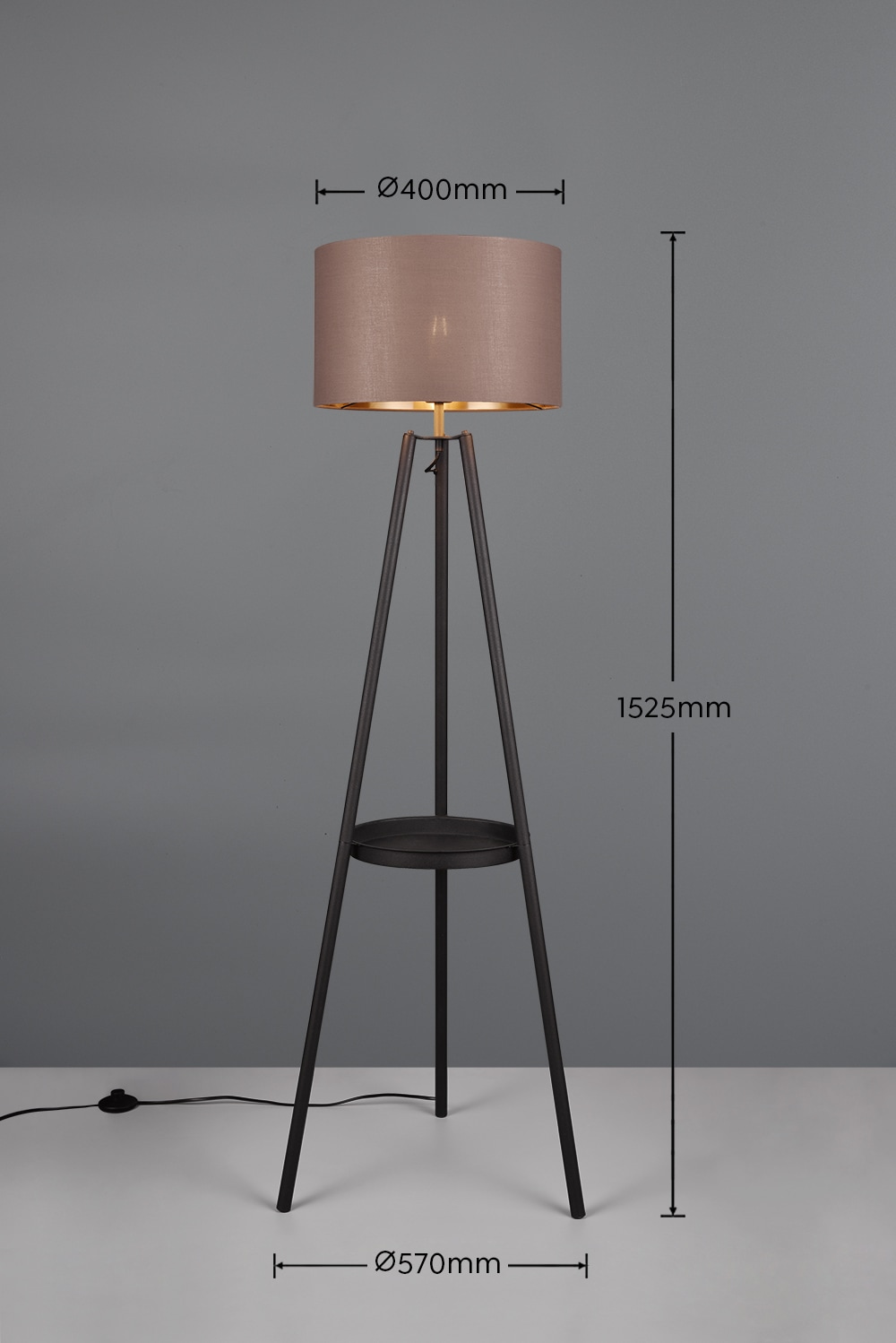 REALITY Leuchten Stehlampe »COLETTE, Stehleuchte Dreibein mit Ablagefläche exkl 1xE27 max 60W«, 1 flammig, Leuchtmittel E27 | Leuchtmittel wechselbar, Stehleuchte Ø 57cm mit Fußschalter moderne Farbkombination innen gold