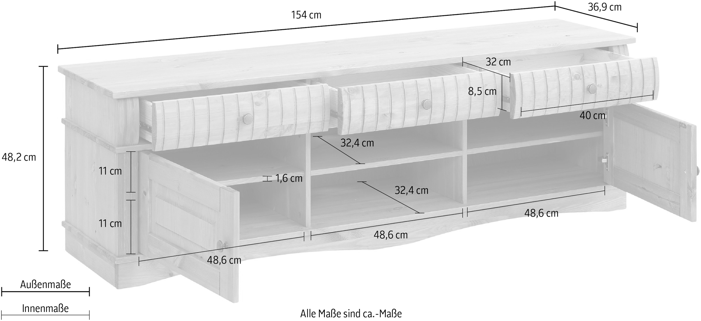 Home affaire Lowboard »Teresa«, Kommode aus massiver Kiefer, Breite 154 cm