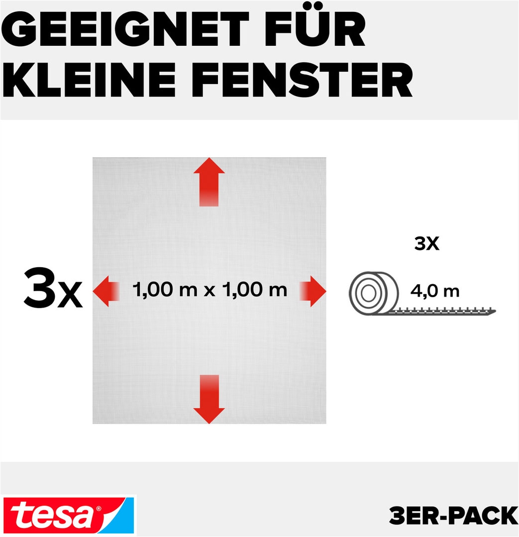 tesa Insektenschutz-Fensterrahmen »Insect Stop Standard Fliegengitter für Fenster - 1.0 m : 1.0 m« Packung, Fliegennetz, Klettband, 3 Stk. tlg. Insektenschutzgitter -Fliegenetz ohne Bohren-zuschneidbar