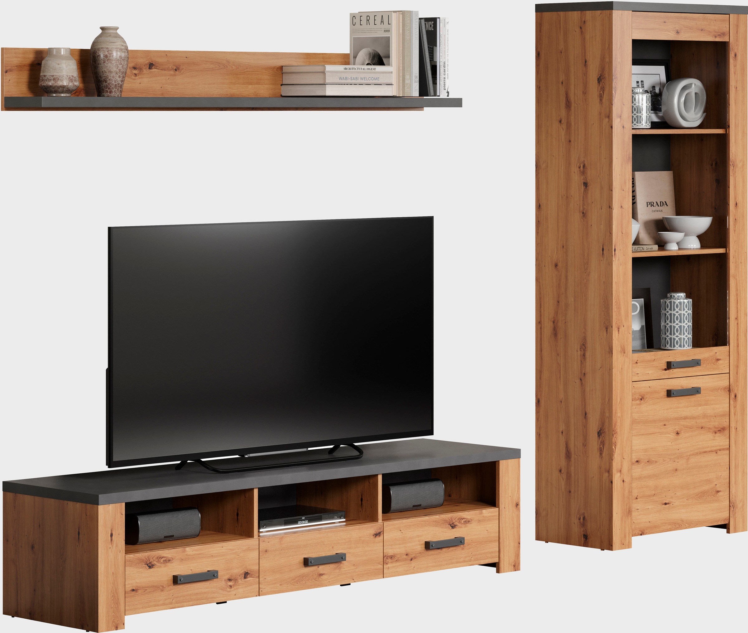 Home affaire TV-Wand »Ambres«, (3 St.), Kleines, modernes TV-SET, Echtholzoptik, Breite ca. 268 cm, matt