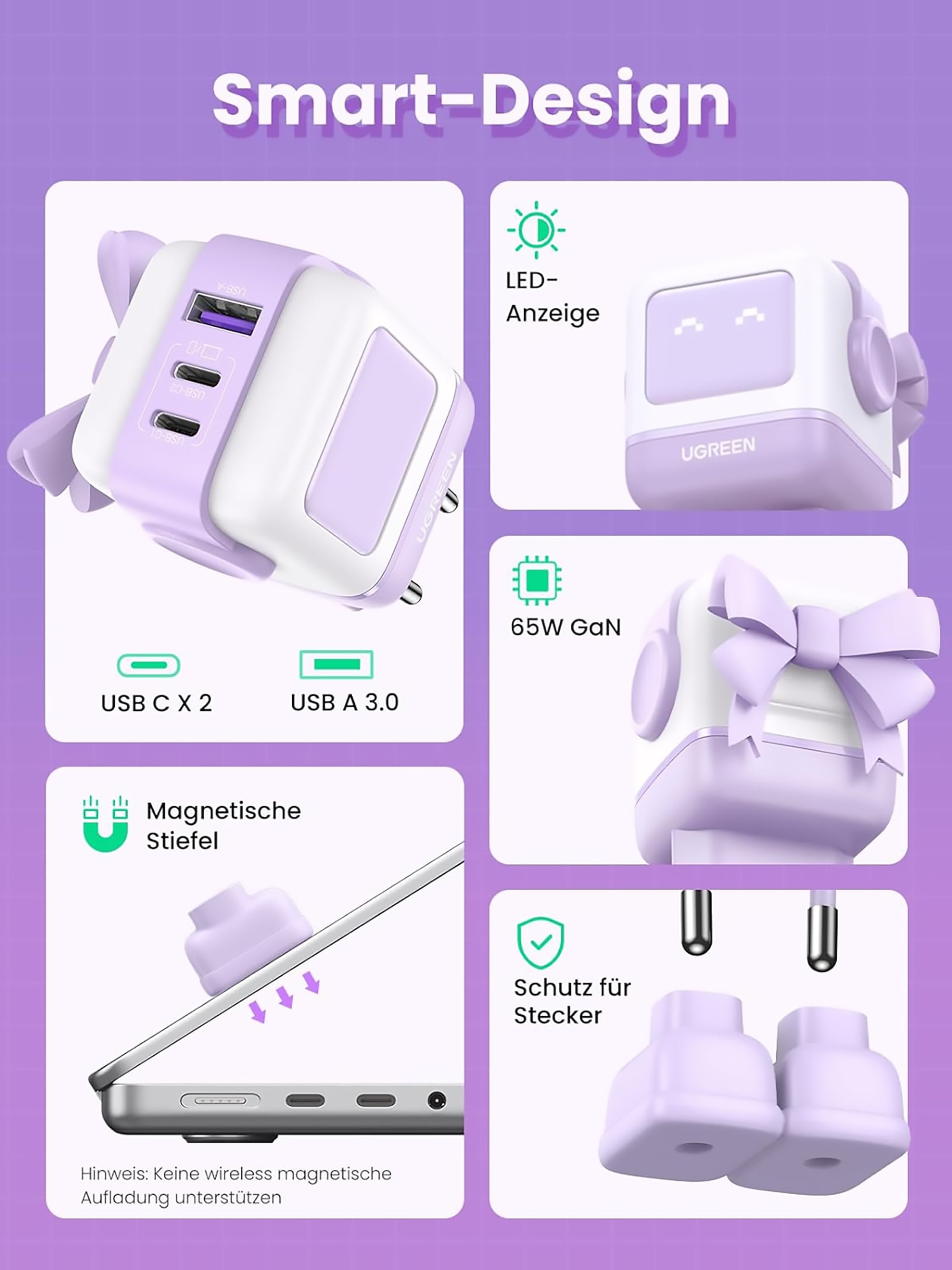 UGREEN USB-Ladegerät »UGREEN Uno Robot GaN Tech 65W USB-A+2*USB-C Fast Charger«, Roboter-Form mit LED-Anzeige und magnetischem Fuß