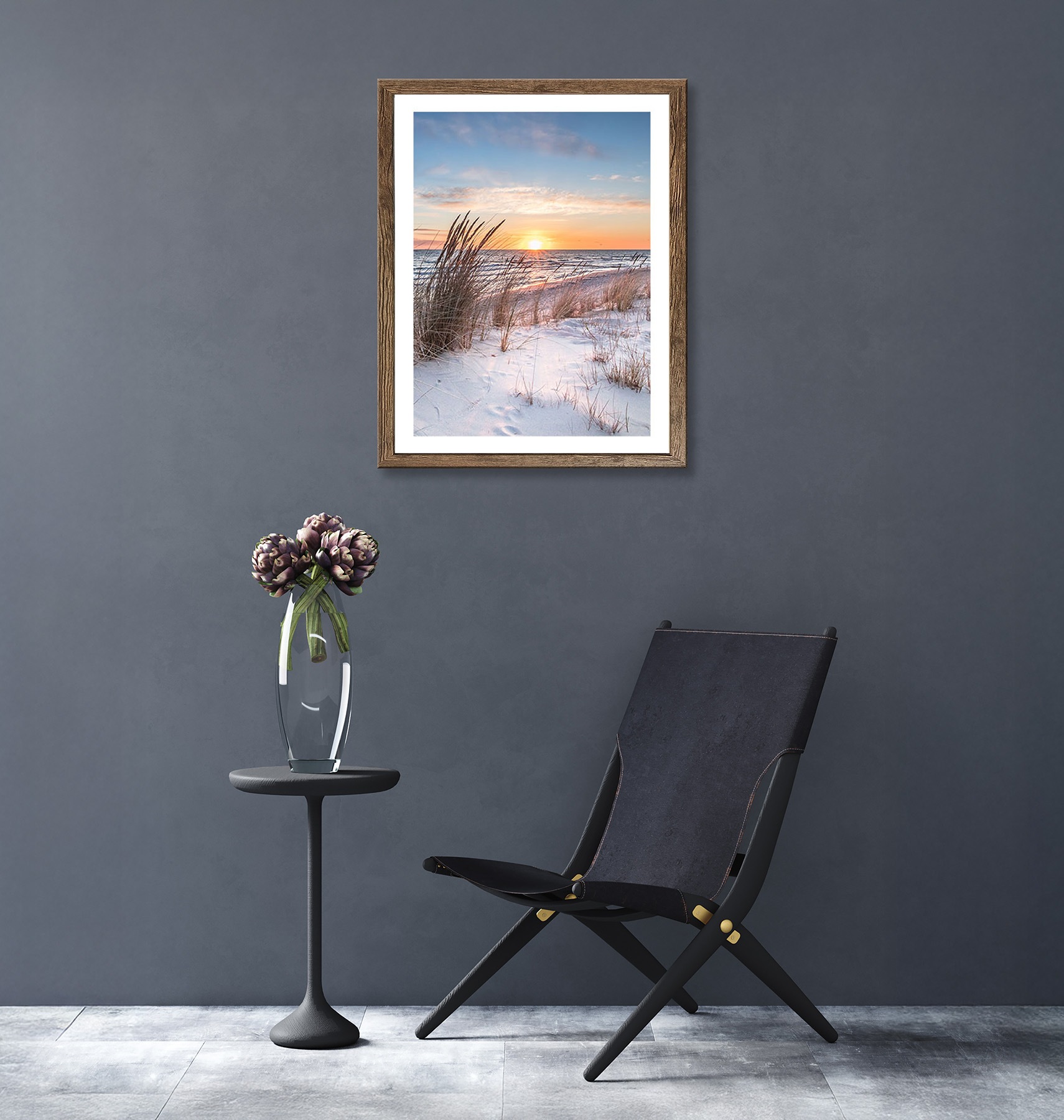 Bönninghoff Bild mit Rahmen »Wandbild gerahmt STRAND BEI SONNENAUFGANG 40x50 cm – Natur Wanddeko« Düne | Gräser | Küste | Landschaft | Meer | Natur | Sonnenaufgang & -untergang | Strand 1 Stk. tlg. mit dekorativem Rahmen