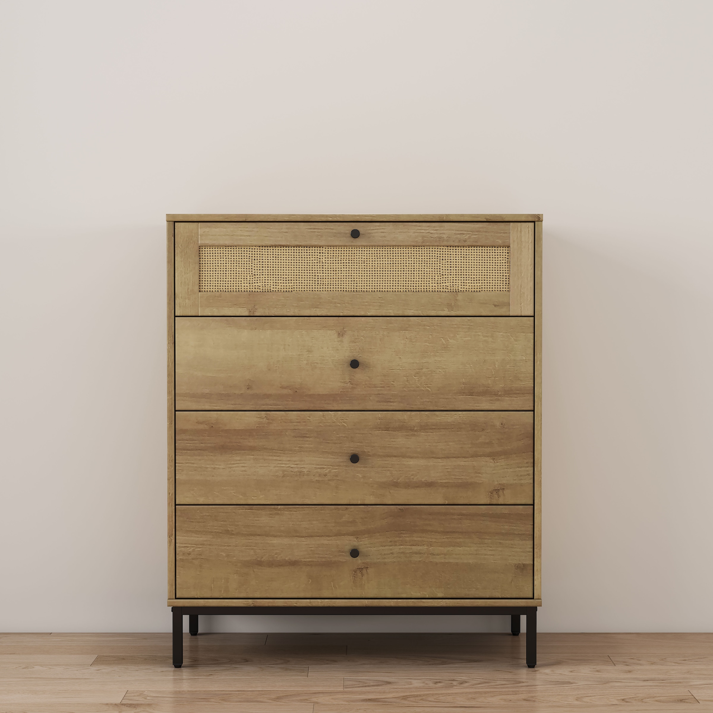 OTTO home Kombikommode »Motala Sideboard Wäscheschrank im BOHO Design Bestseller Kommode« Eichen-Design mit Geflecht Schublade und schwarzen Griffen,  Schrank Schlafzimmer mit 4 Schubladen hochwertig