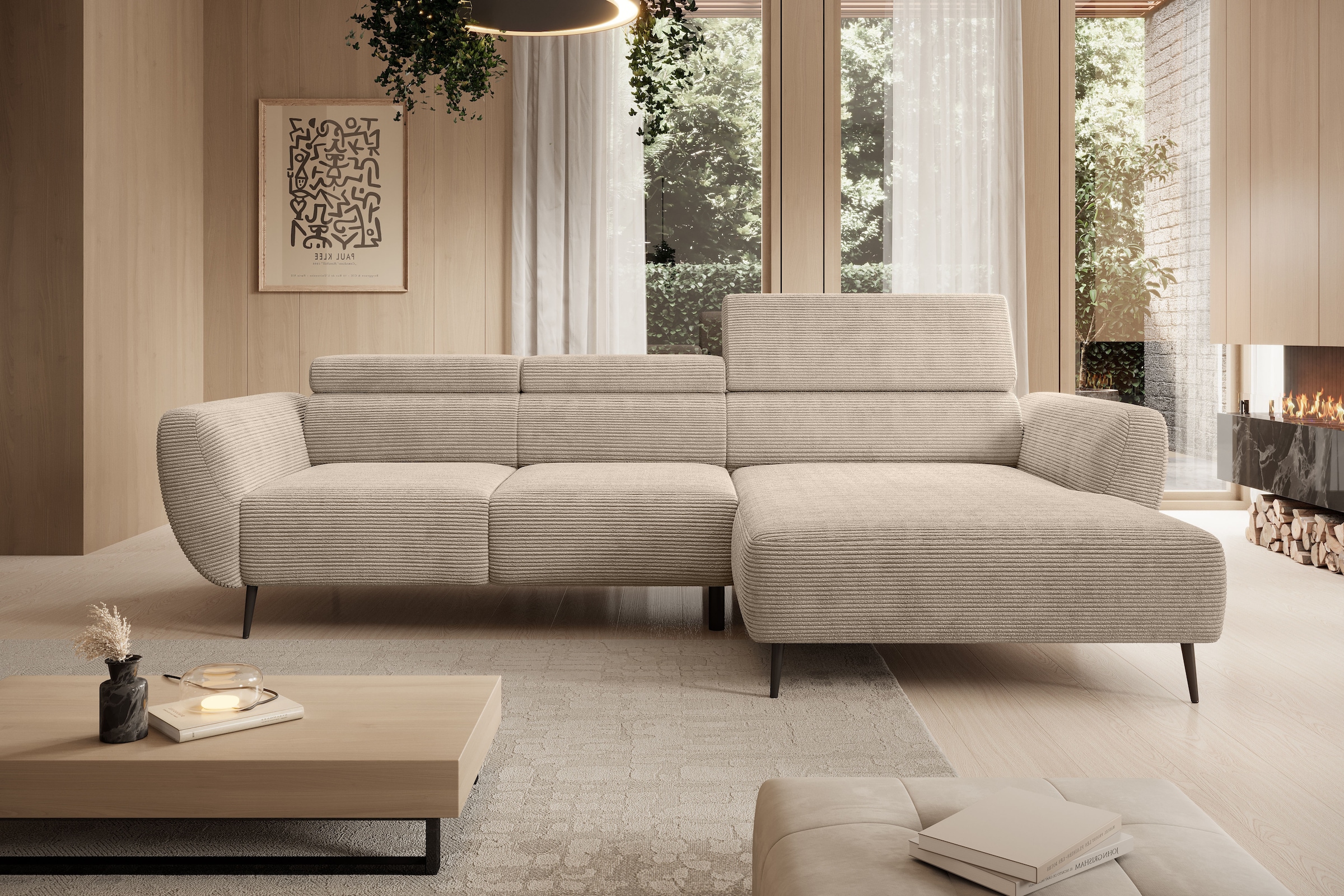 WERK2 Ecksofa »Alisson Sitztiefe elektrisch verstellbar & 3 verstellbaren Kopfstützen« Schwebendes L-Form Sofa in Cord, 15 cm bodenfrei (saugrobotergeeignet)