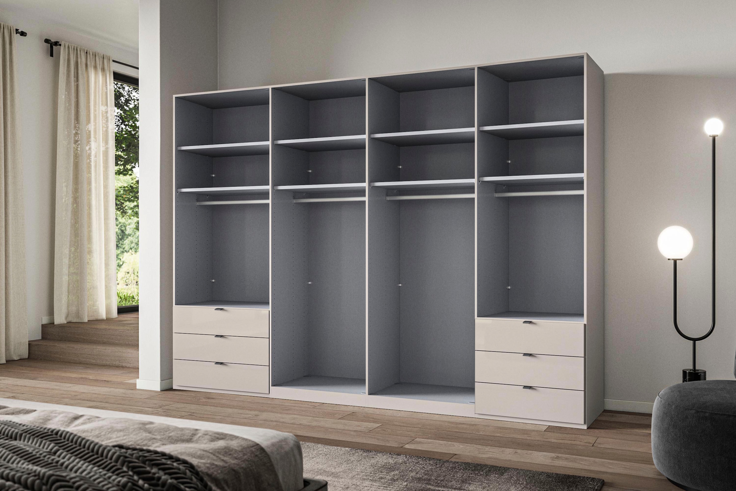 WIEMANN Falttürenschrank »Ohio, Kleiderschrank, Schrank, Garderobe, mit Schubladen, 300 cm« inklusive Einlegeböden & Kleiderstangen, 2 Höhen, MADE IN GERMANY,  inklusive Tür und Schubkastendämpfung, hochwertige Glasfront