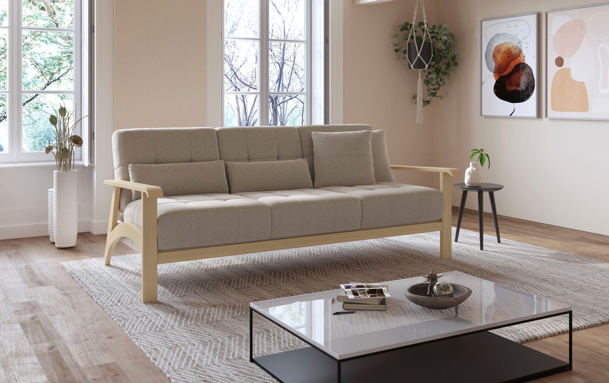 sit&more 3-Sitzer »Billund«, Armlehnen aus Buchenholz in natur, verschiedene Bezüge und Farben