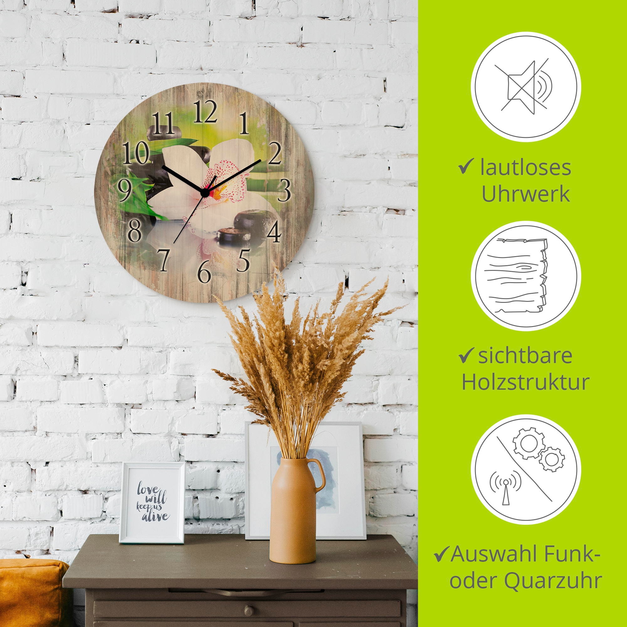 Artland Wanduhr »Spa Steine Bambus Zweige Orchidee«, 3D Optik gebogen, mit Quarz- oder Funkuhrwerk, versch. Größen