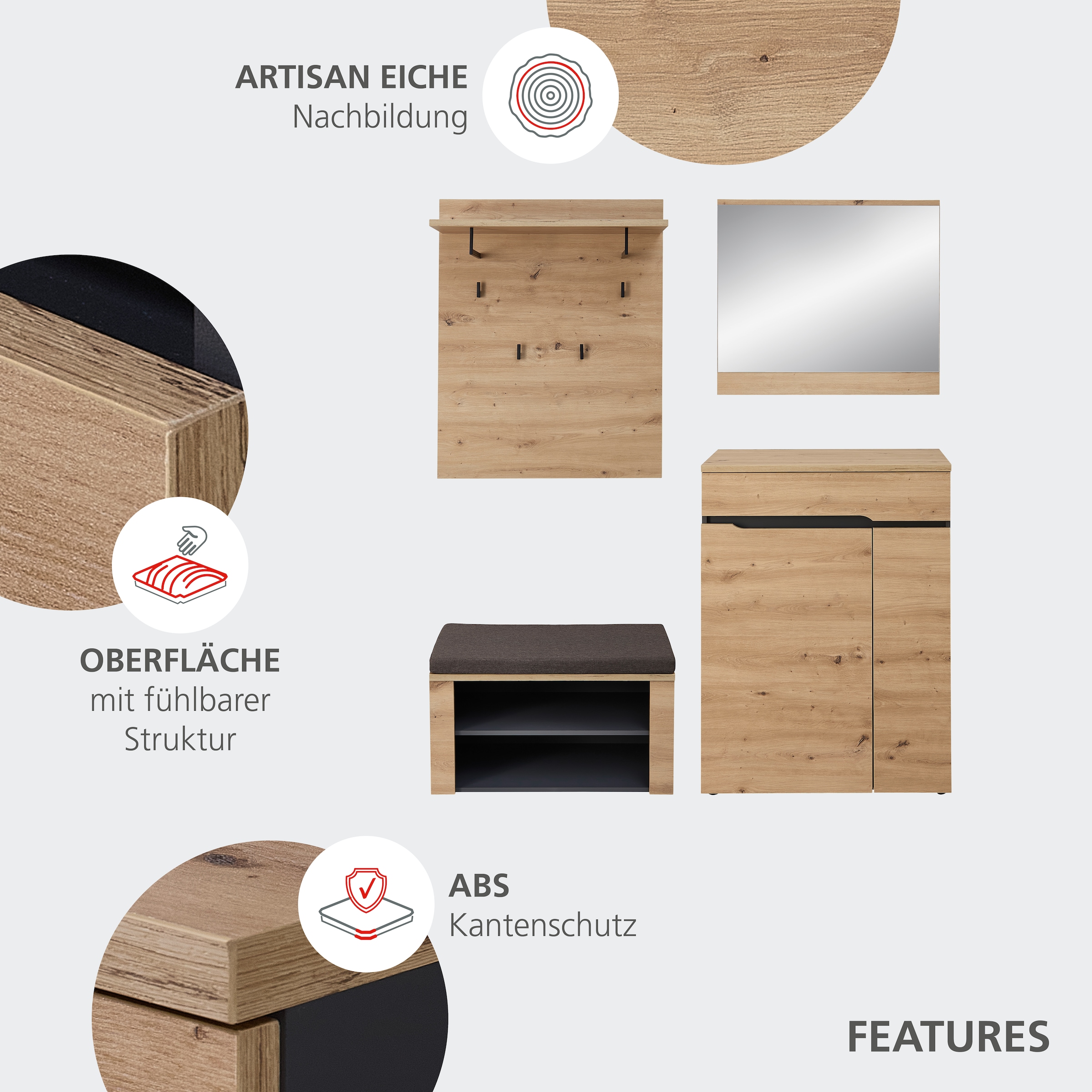 OTTO home Garderoben-Set »Fargo Garderobenset, 175/192/38 (B/H/T cm)« 4 Stk. tlg.