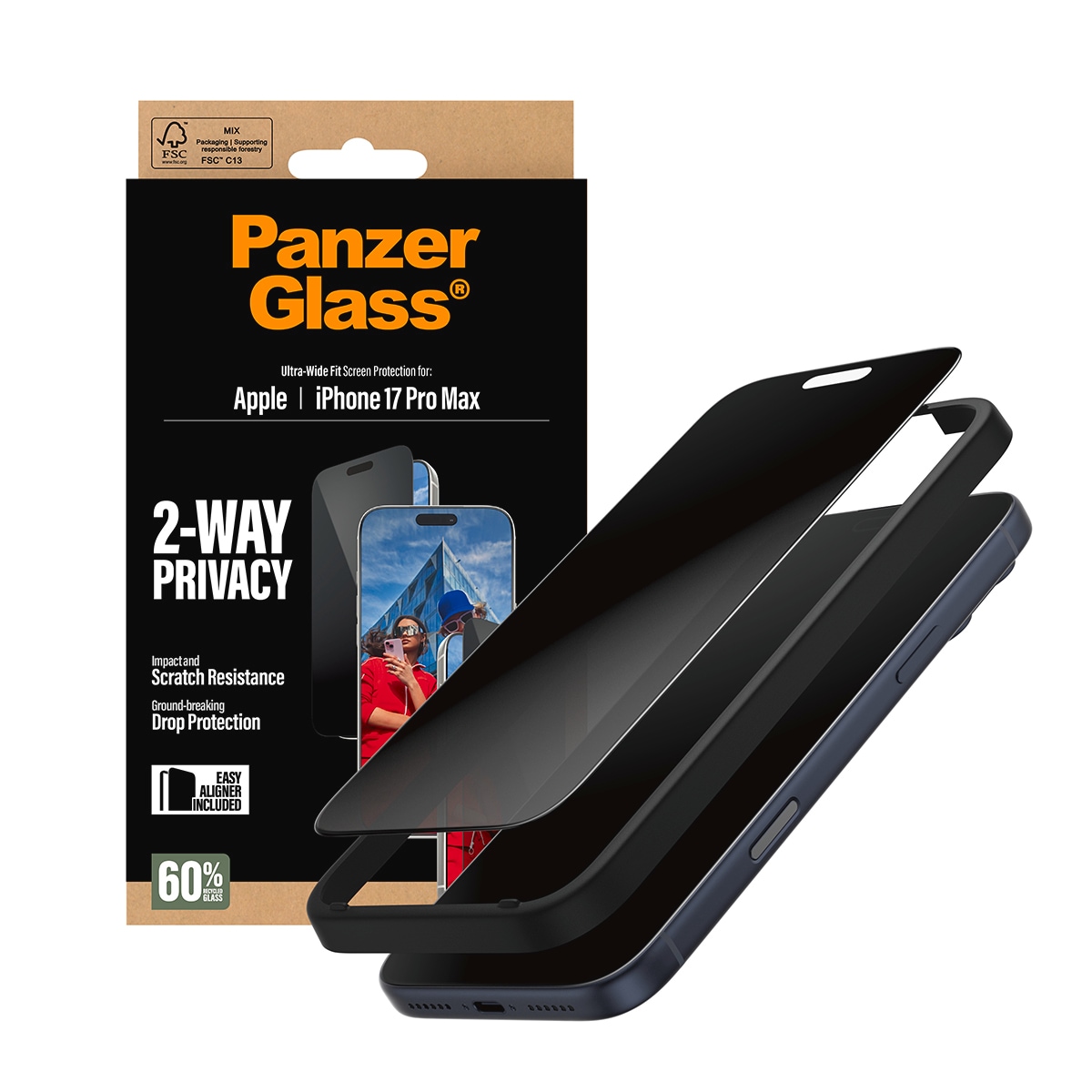 CARE by PanzerGlass Displayschutzglas »2-Way Privacy Ultra-Wide Fit Screen Protector« für Apple iPhone 17 Pro Max Displayschutzfolie, Schutzfolie, Bildschirmschutz, kratz- & stoßfest