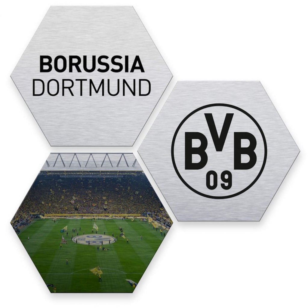 Wall-Art Mehrteilige Bilder »Silber BVB Borussia Dortmund«, Schriftzug, (Set, 3 St.), Metallschild Collage
