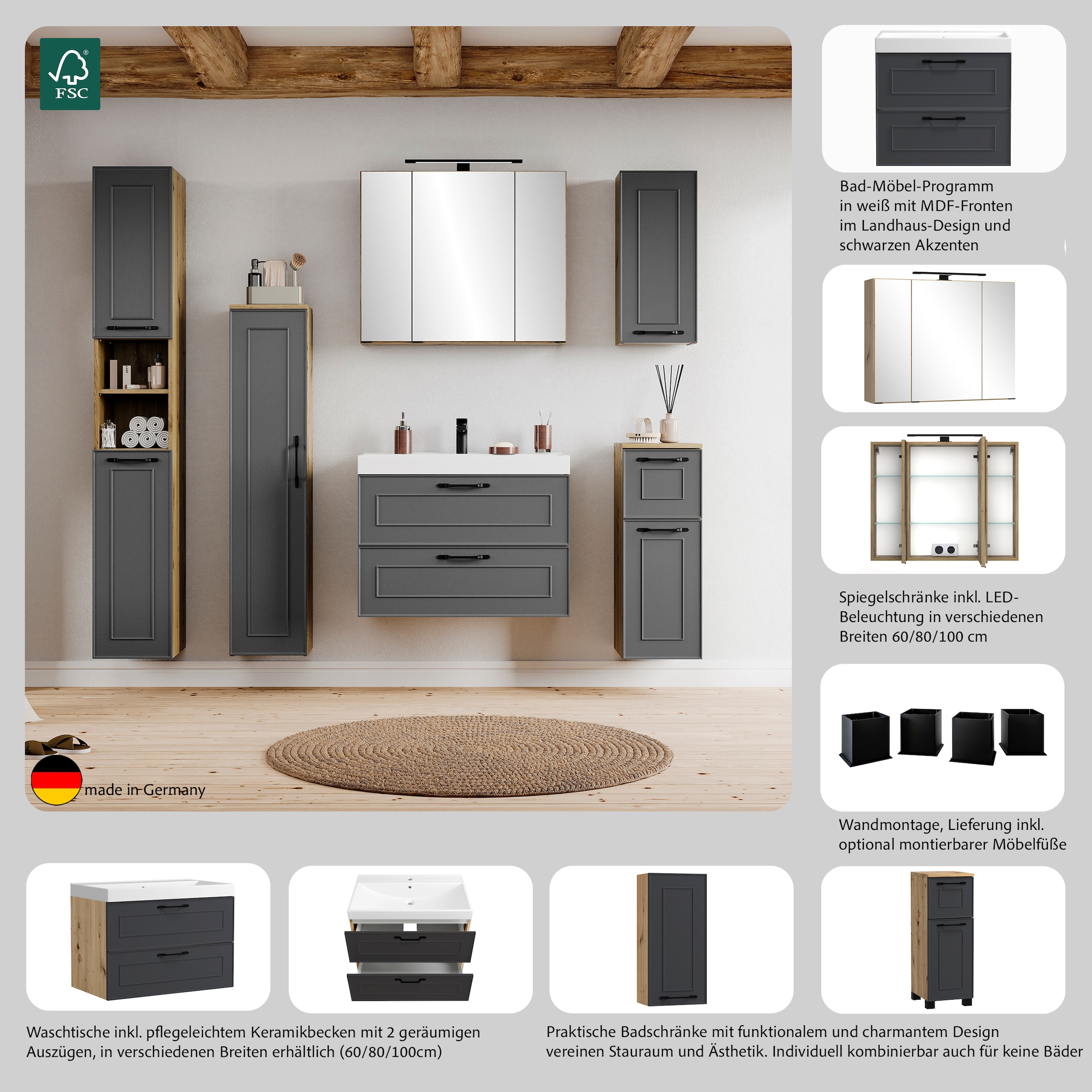 welltime Badezimmerspiegelschrank »CADIZ, gedämpfte Scharniere« Rundumsicht, dank besonderer Klapptechnik