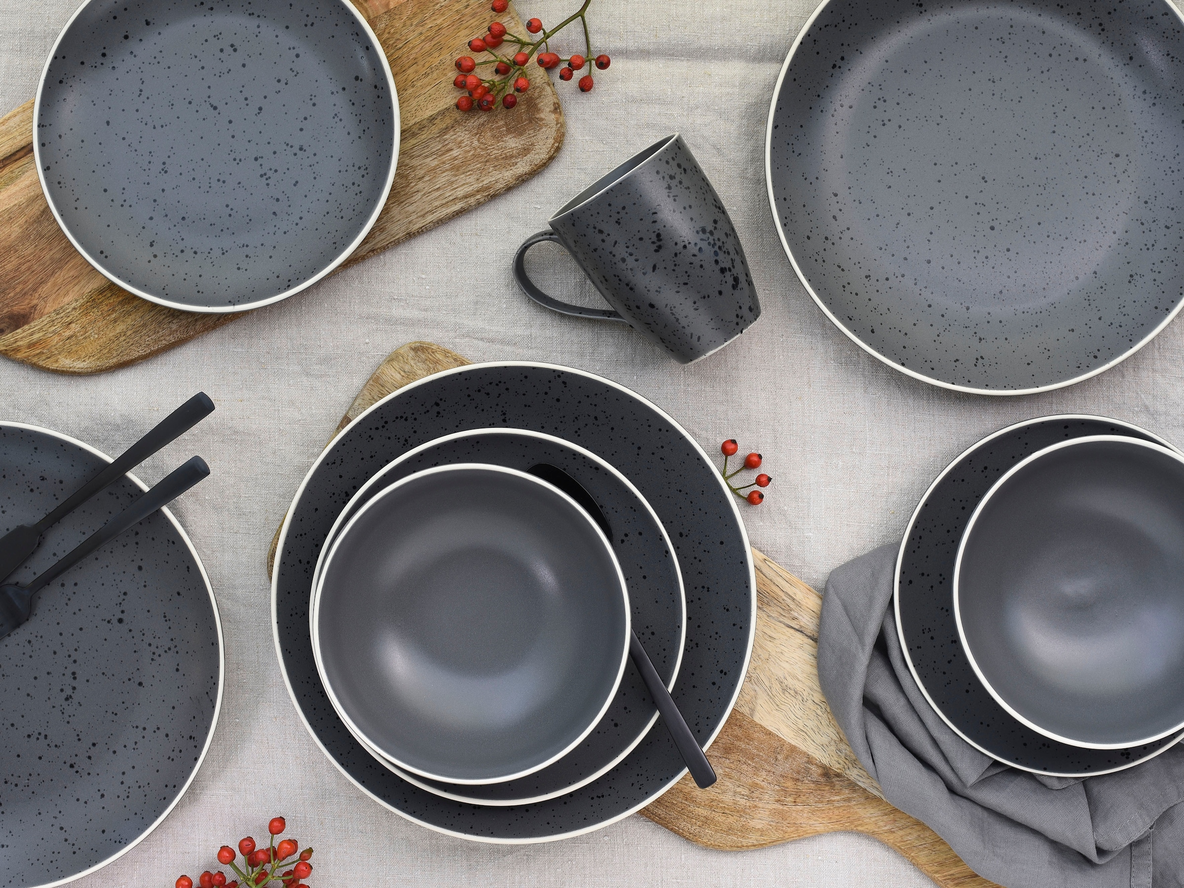 CreaTable Kombiservice »Geschirr-Set Industrial Chic«, (Set, 16 tlg., Kaffeeservice und Tafelservice im Set, für 4 Personen), Service, seidenmatte Sprenkelglasur, 16 Teile, für 4 Personen