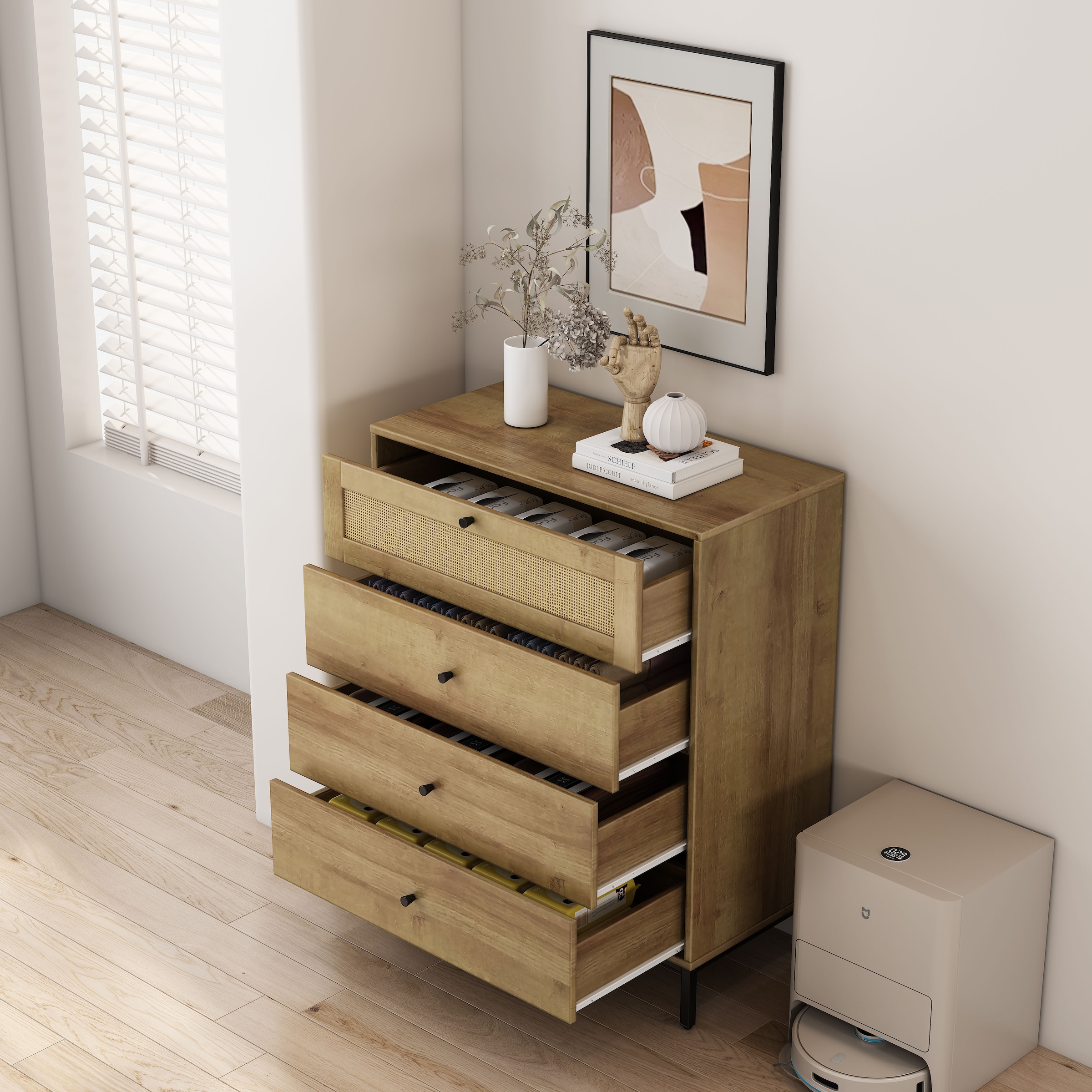 OTTO home Kombikommode »Motala Sideboard Wäscheschrank im BOHO Design Bestseller Kommode« Eichen-Design mit Geflecht Schublade und schwarzen Griffen,  Schrank Schlafzimmer mit 4 Schubladen hochwertig