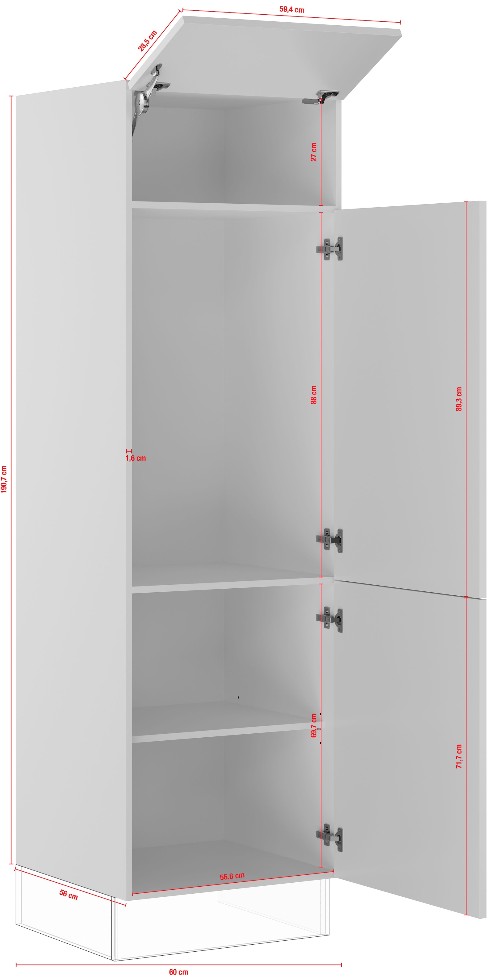 IMPULS KÜCHEN Kühlumbauschrank »"Turin", Breite/Höhe: 60/190,7 cm«, vormontiert, mit Drehtüren, mit Klapptür, mit verstellbarem Fachboden