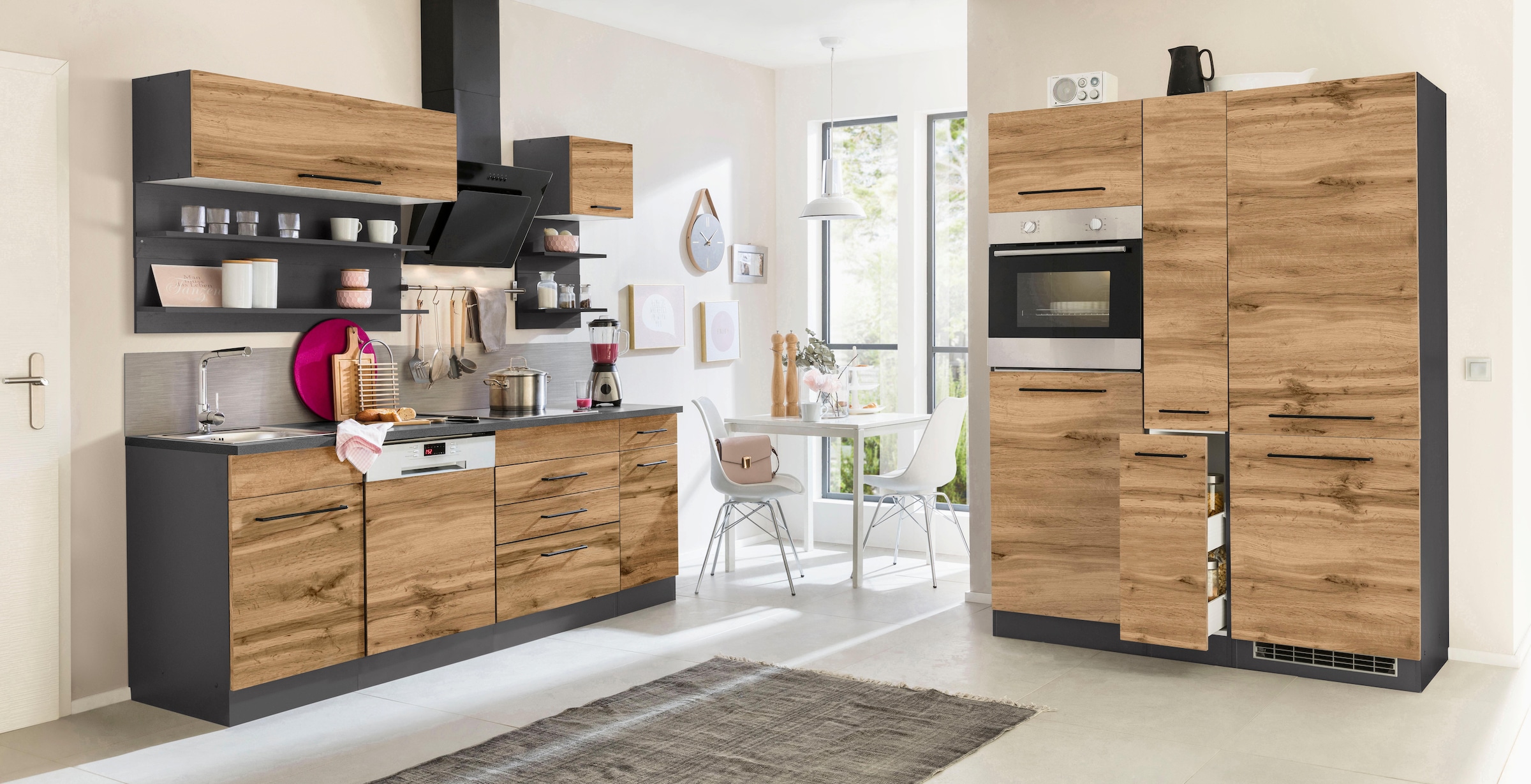 KOCHSTATION Küchenzeile »KS-Tulsa« ohne E-Geräte, Breite 360 cm, schwarze Metallgriffe, MDF Fronten