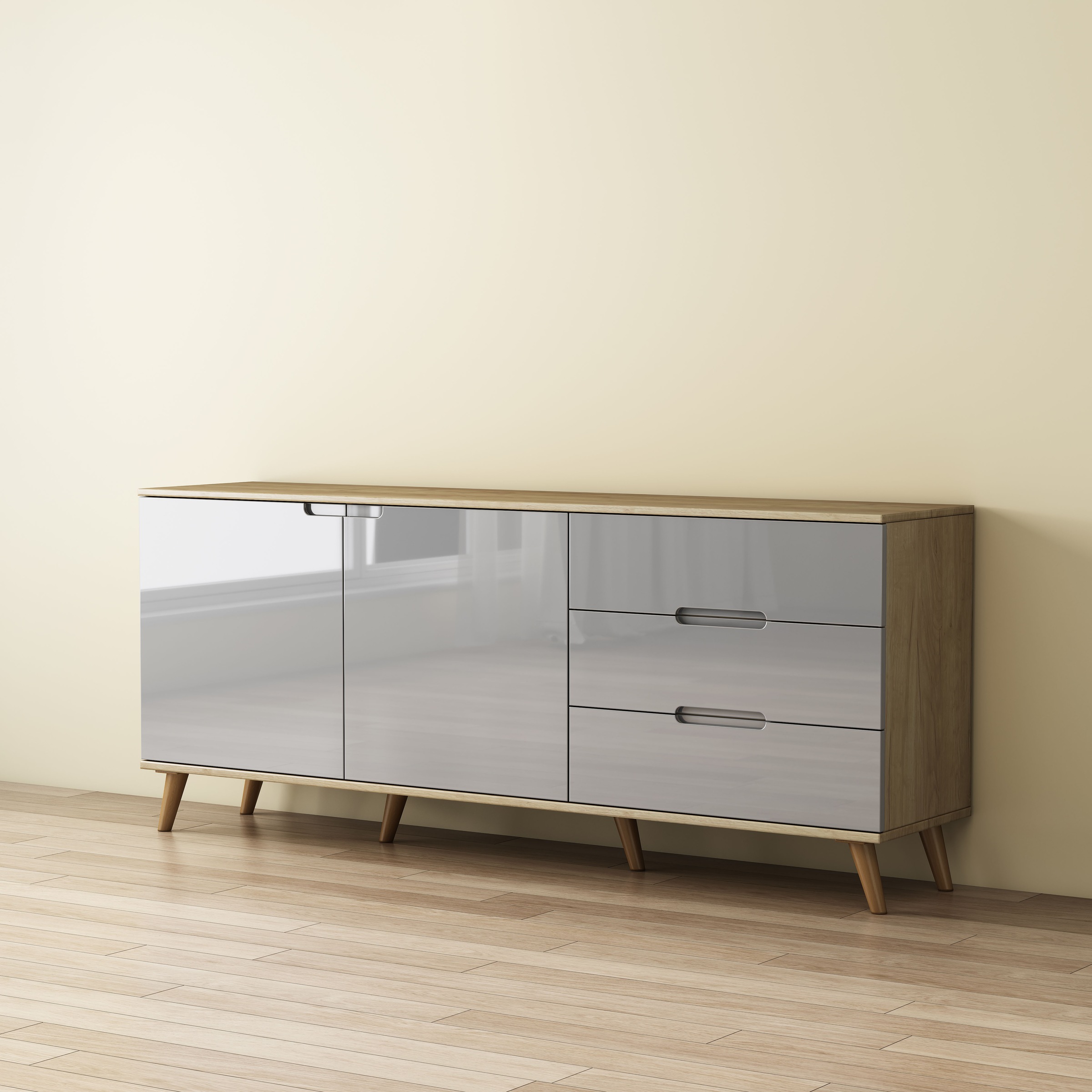 OTTO home Sideboard »Lund« mit glänzenden Fronten, Griffmulden, helles Holzdekor, Breite 180 cm