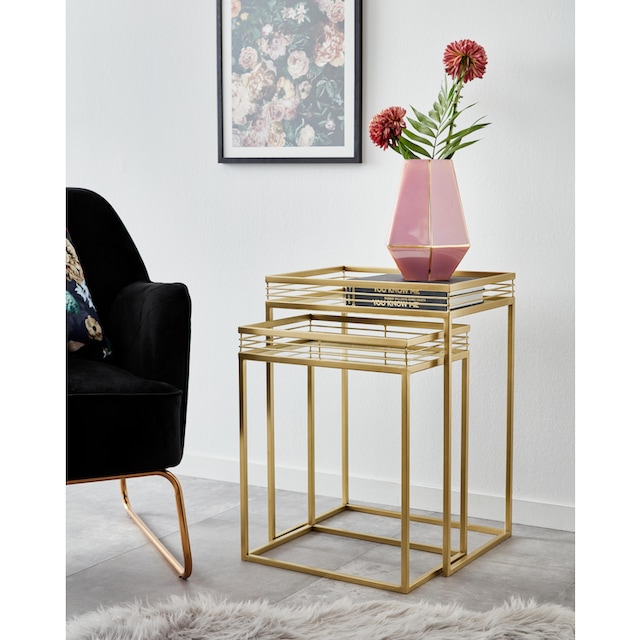 Leonique Beistelltisch »Yanis«, (2 St.), mit Ablageflächen aus Spiegelglas  und goldfarbenem Metallgestell kaufen bei OTTO